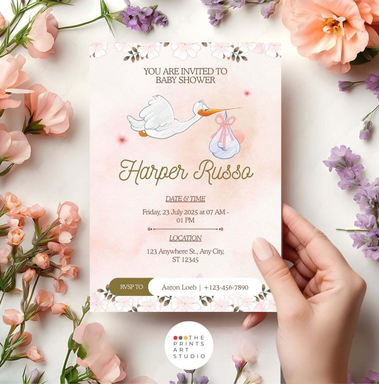 Stork Baby Shower Invitation | Editable Pink Watercolor Baby Shower Invite | Printable Digital Template displayed with floral accents.