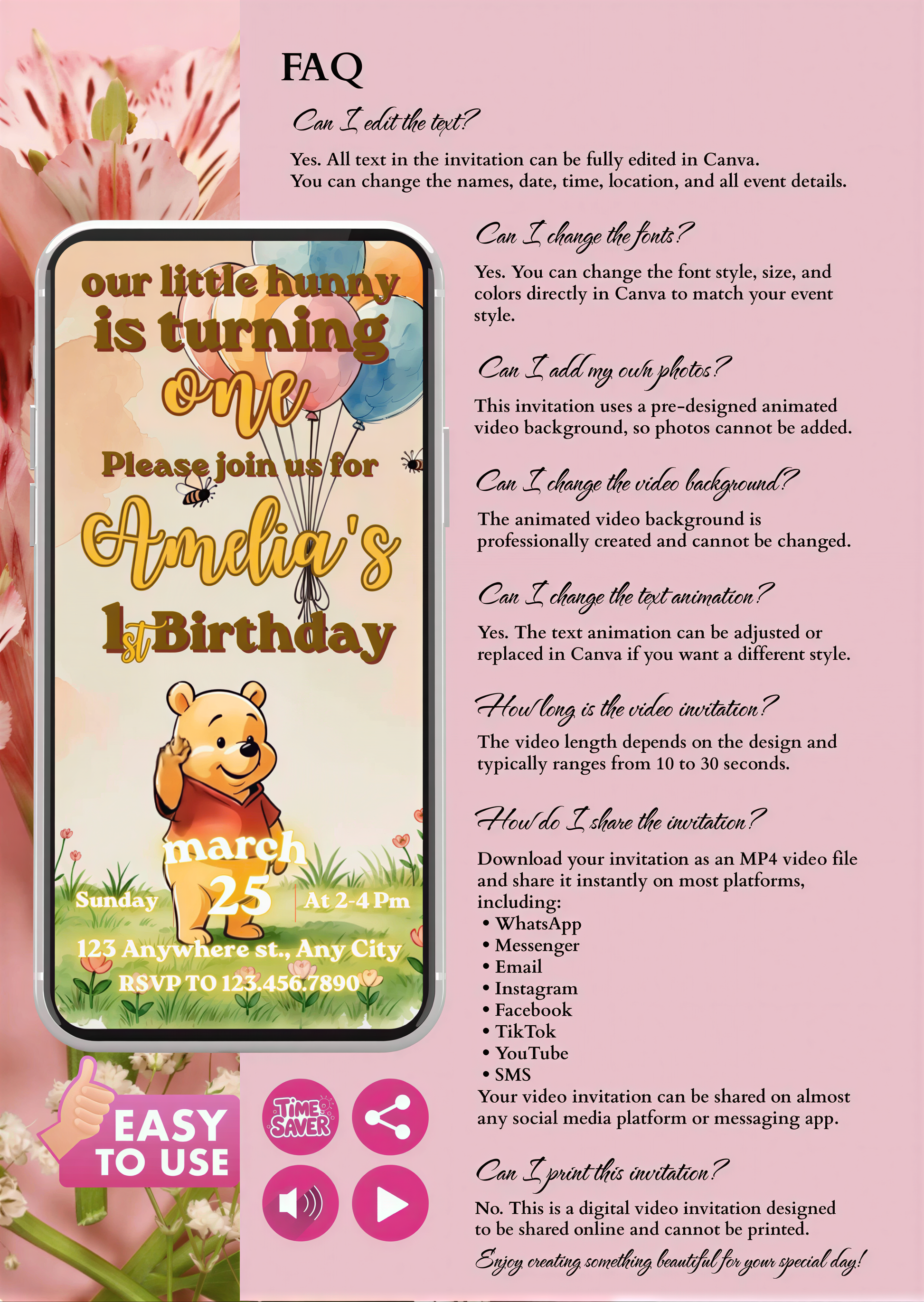 Winnie the Pooh birthday invitation video template for a magical celebration with balloons and flowers.