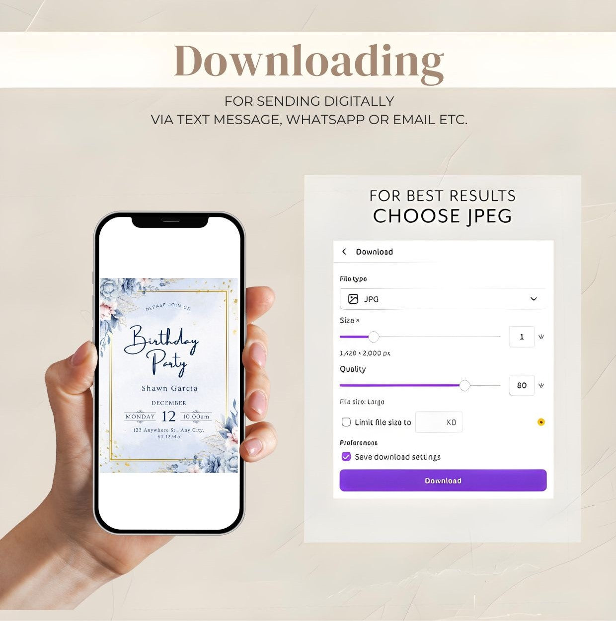 Digital download of blue and gold birthday invitation with floral design viewed on smartphone, instructions for JPEG file download.