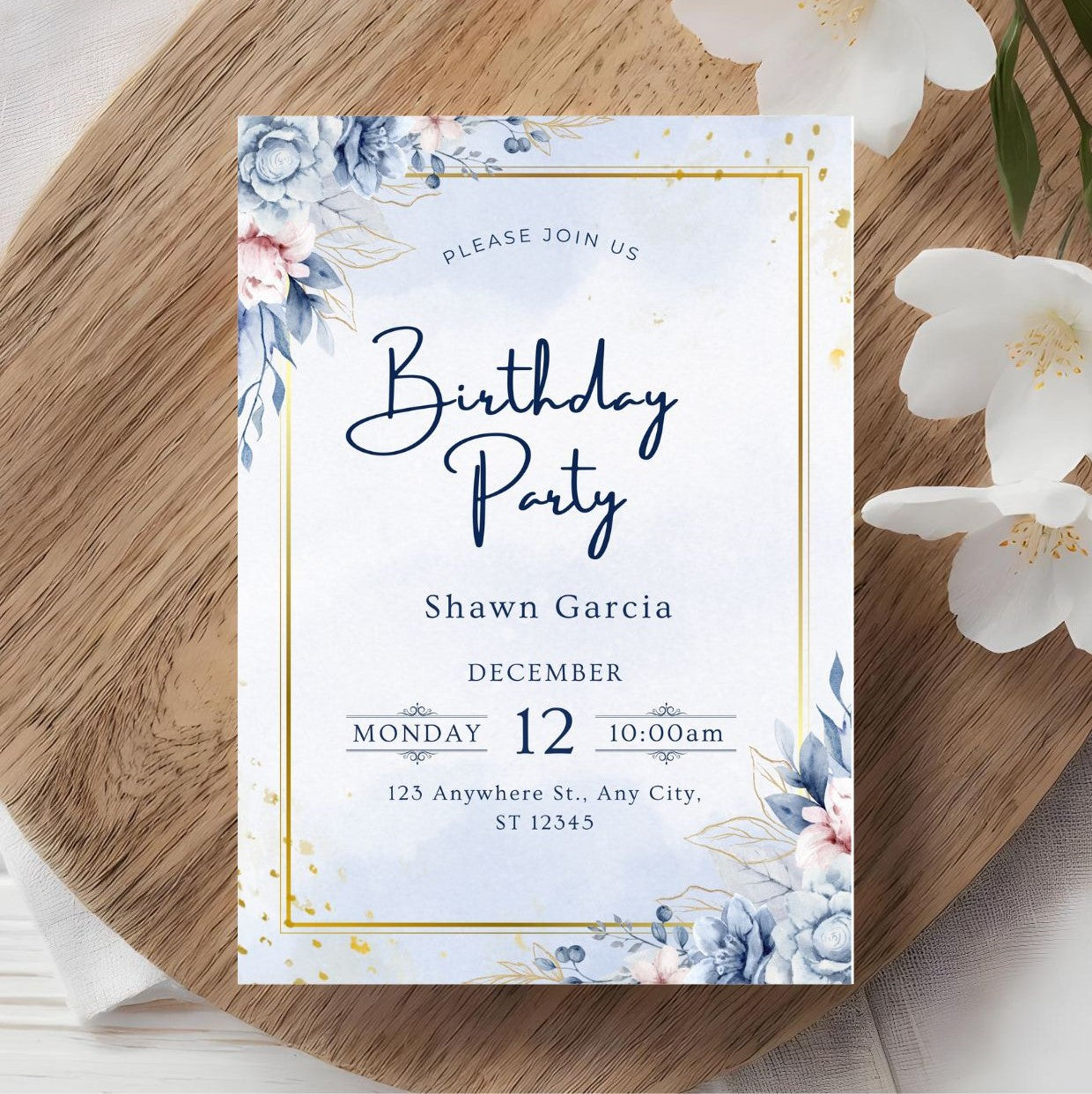 Blue and gold birthday invitation with floral design, featuring watercolor flowers and elegant gold accents for any occasion.