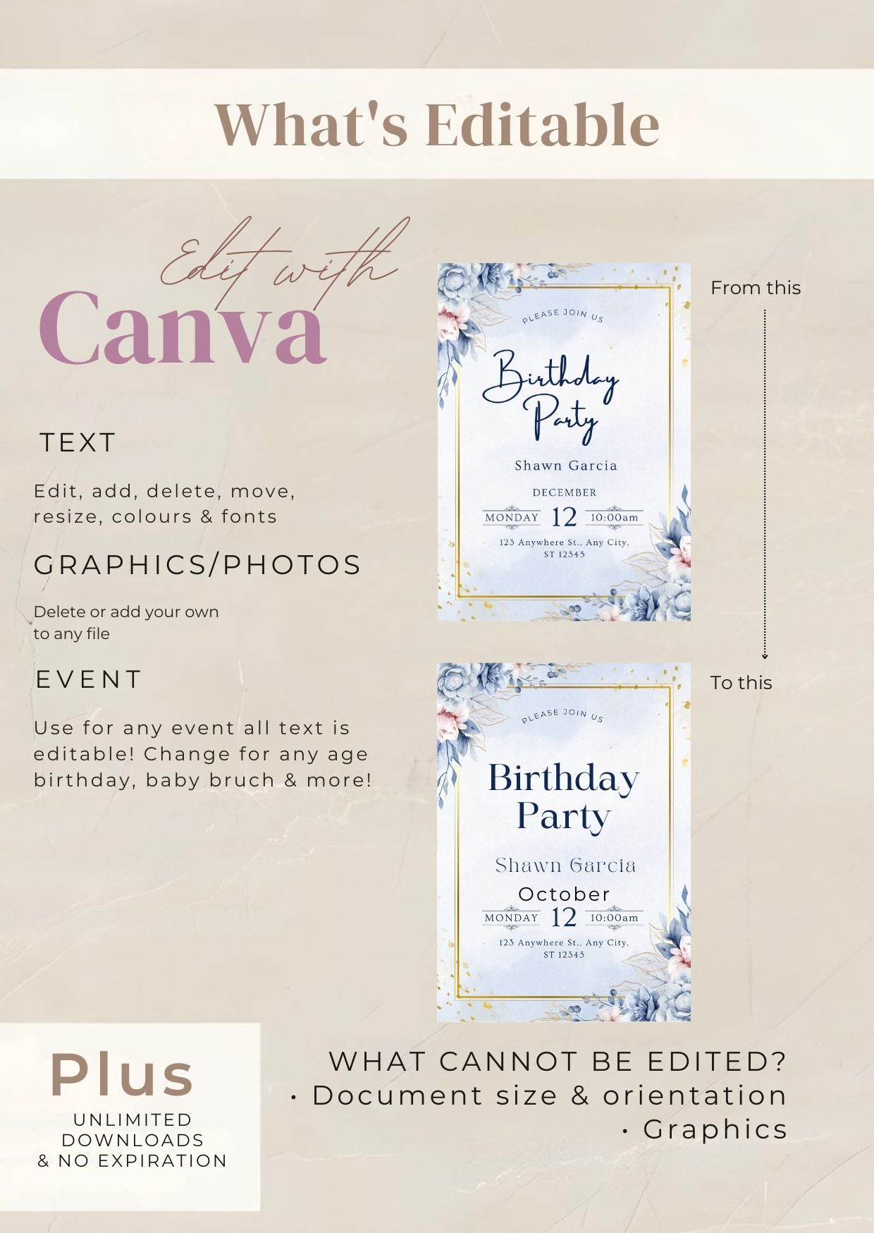Edit with Canva tutorial for blue and gold birthday invitation with floral design and customizable text.