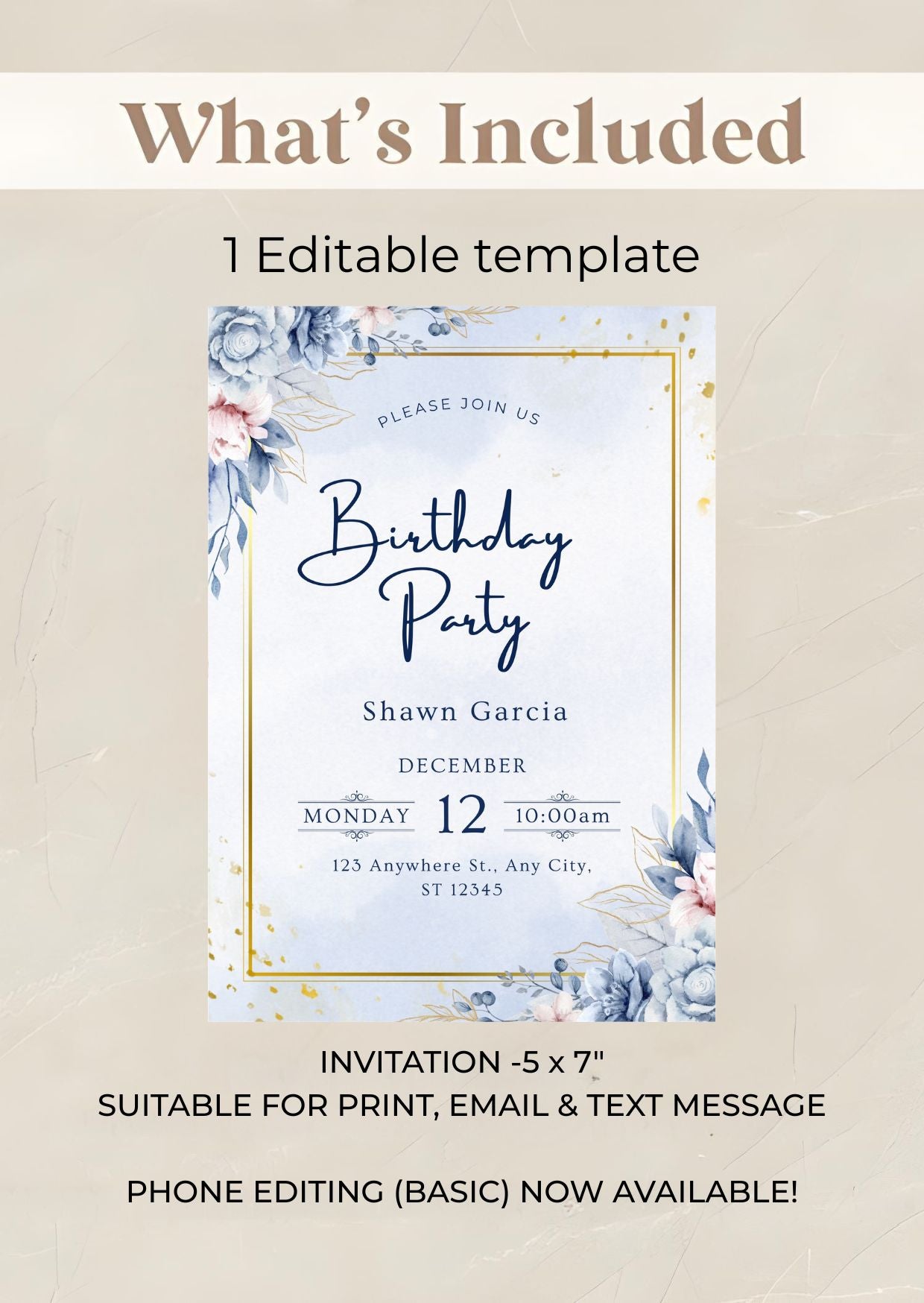 Blue and gold birthday invitation with watercolor florals and gold accents, perfect printable for elegant celebrations.