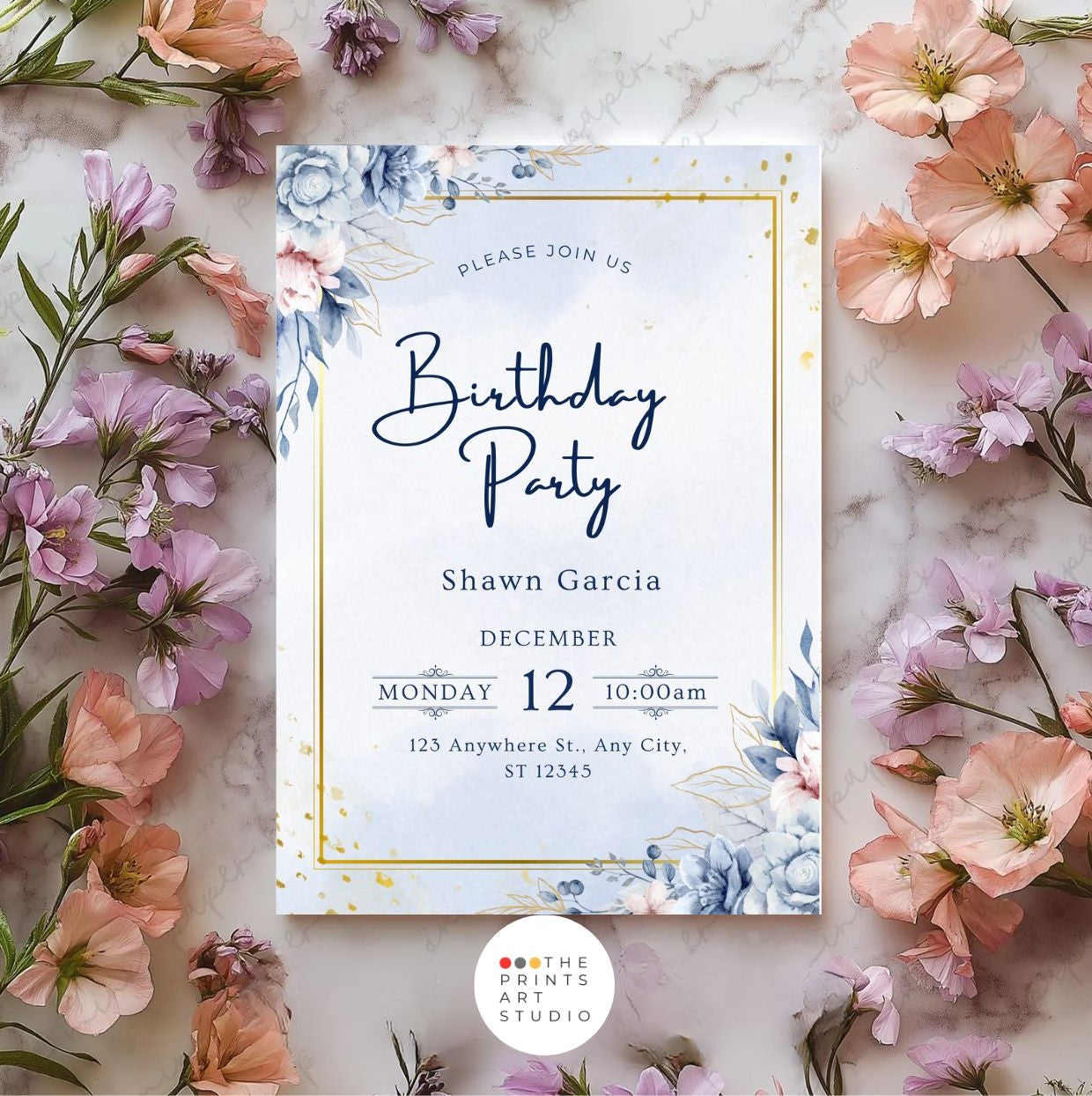 Elegant blue and gold birthday invitation with watercolor florals and gold accents, perfect for any occasion.