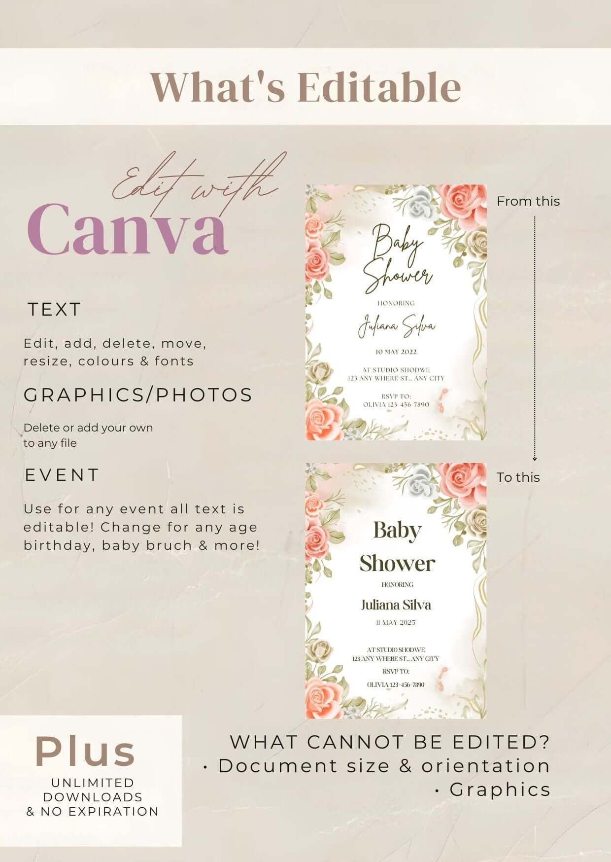 Elegant Floral Baby Shower Invitation – Editable Rose & Greenery Template, Printable Digital Invite with watercolor roses.