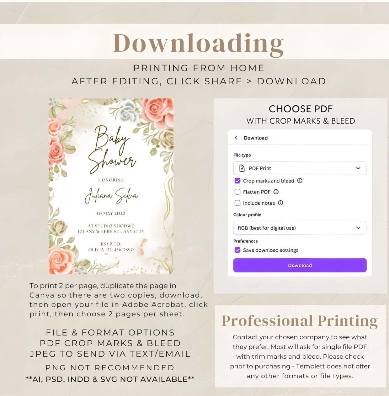 Elegant Floral Baby Shower Invitation – Editable Rose & Greenery Template, Printable Digital Invite for Baby Celebration download instructions
