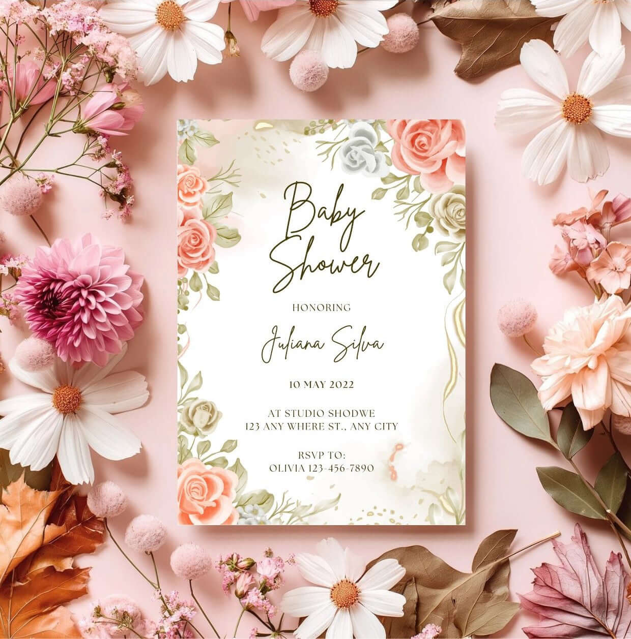 Elegant Floral Baby Shower Invitation – Editable Rose & Greenery Template, Printable Digital Invite for Baby Celebration