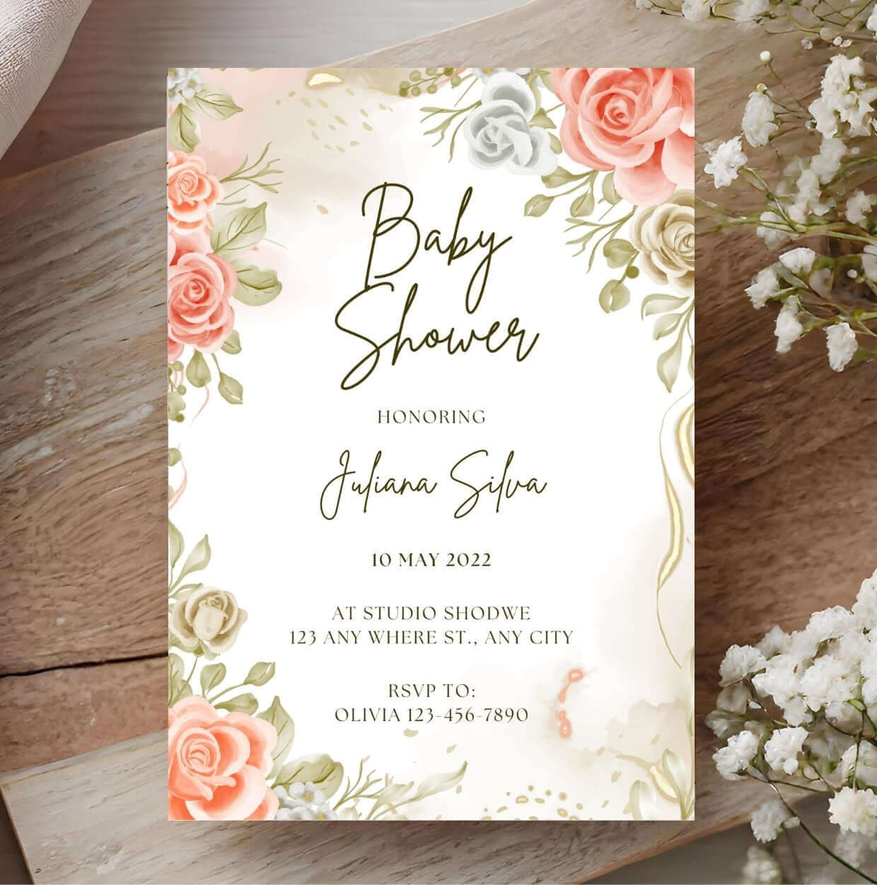 Elegant Floral Baby Shower Invitation – Editable Rose & Greenery Template, Printable Digital Invite for Baby Celebration