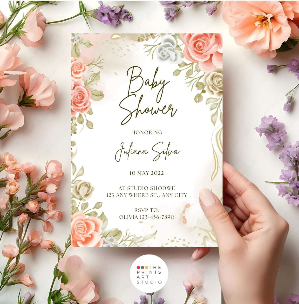Elegant Floral Baby Shower Invitation – Editable Rose & Greenery Template, Printable Digital Invite with blush roses and greenery.