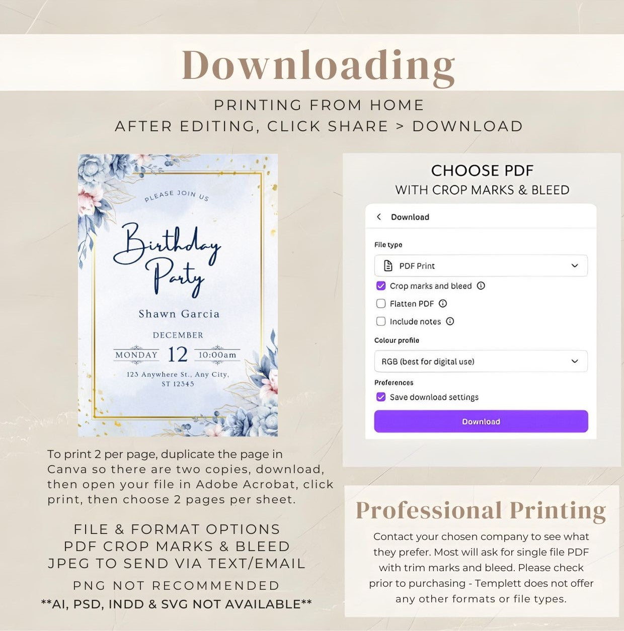 Printable blue and gold birthday invitation with floral design showcased in download instructions.