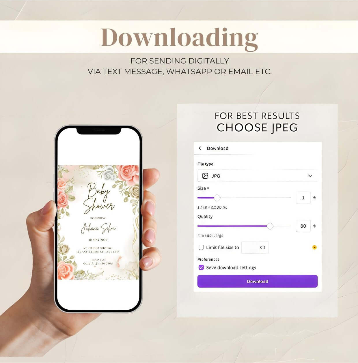 Elegant Floral Baby Shower Invitation – Editable Rose & Greenery Template, Printable Digital Invite, shown on smartphone screen