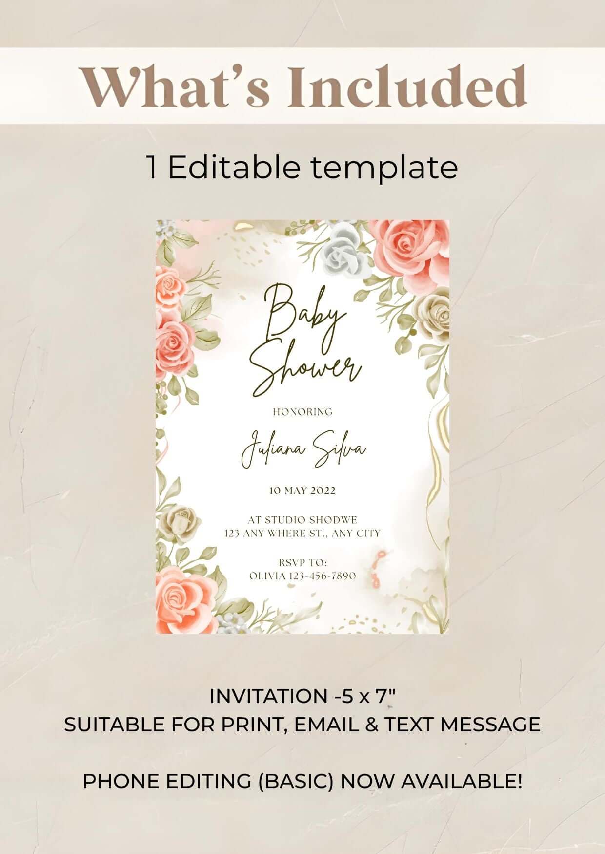 Elegant Floral Baby Shower Invitation – Editable Rose & Greenery Template, Printable Digital Invite for Baby Celebration display