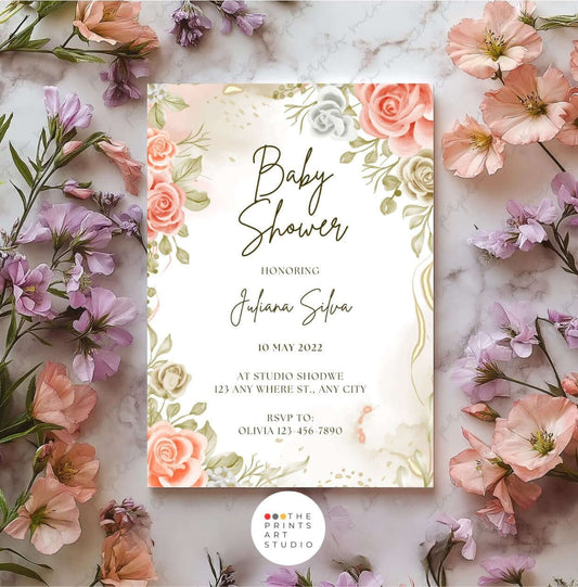 Elegant Floral Baby Shower Invitation – Editable Rose & Greenery Template, Printable Digital Invite for Baby Celebration.