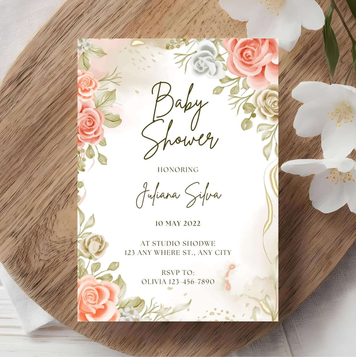 Elegant Floral Baby Shower Invitation – Editable Rose & Greenery Template, Printable Digital Invite for Baby Celebration