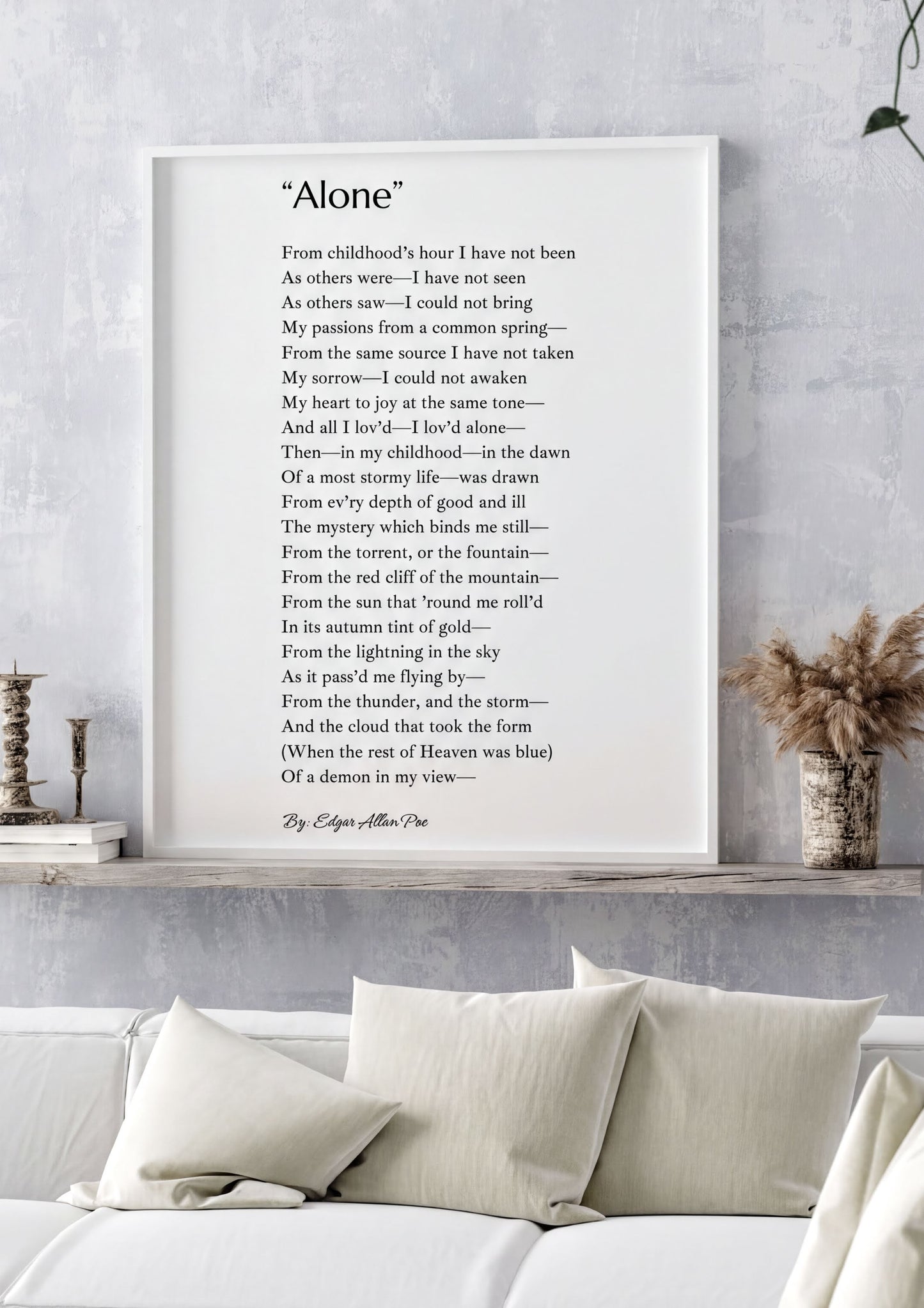 Alone Edgar Allan Poe Print showcasing the poem in minimalist black and white decor for gothic literature lovers.