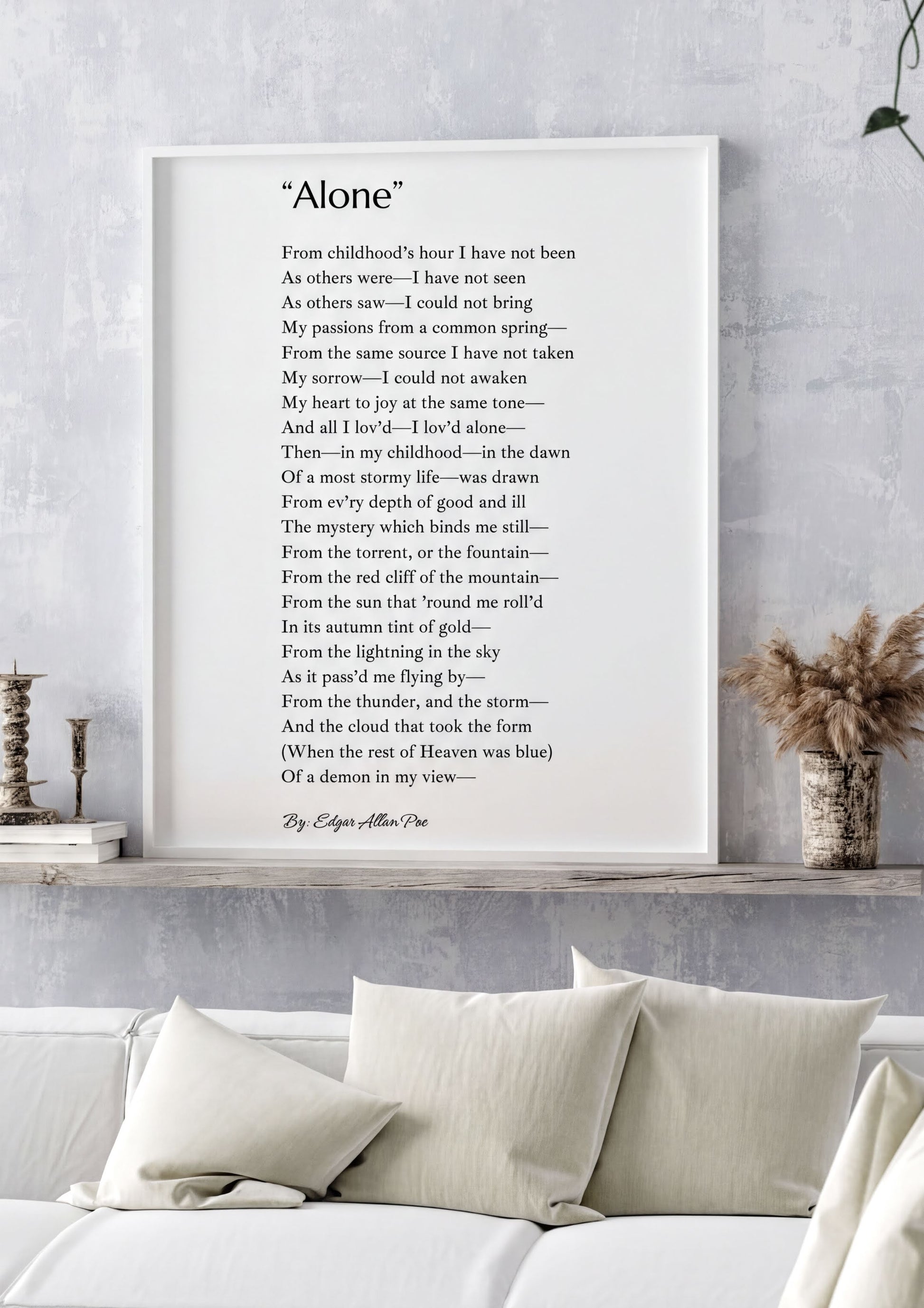 Alone Edgar Allan Poe Print showcasing the poem in minimalist black and white decor for gothic literature lovers.