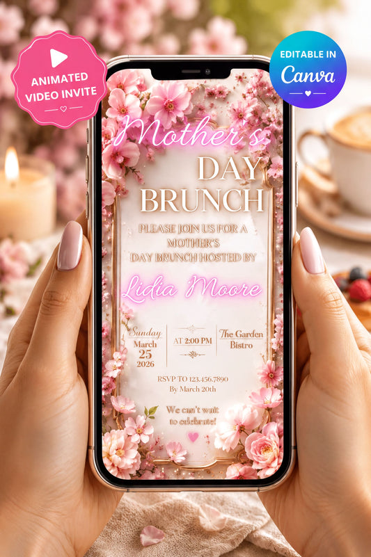 Mother's Day Brunch Video Invitation displayed on a phone with floral design and event details.