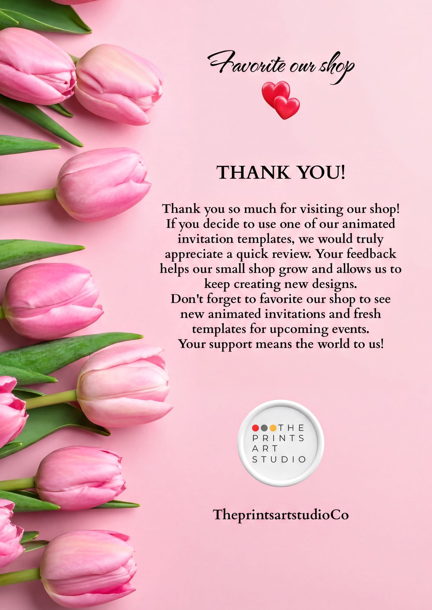 Winnie the Pooh birthday invitation Thank you message from The Prints Art Studio with pink tulips on a pastel background.