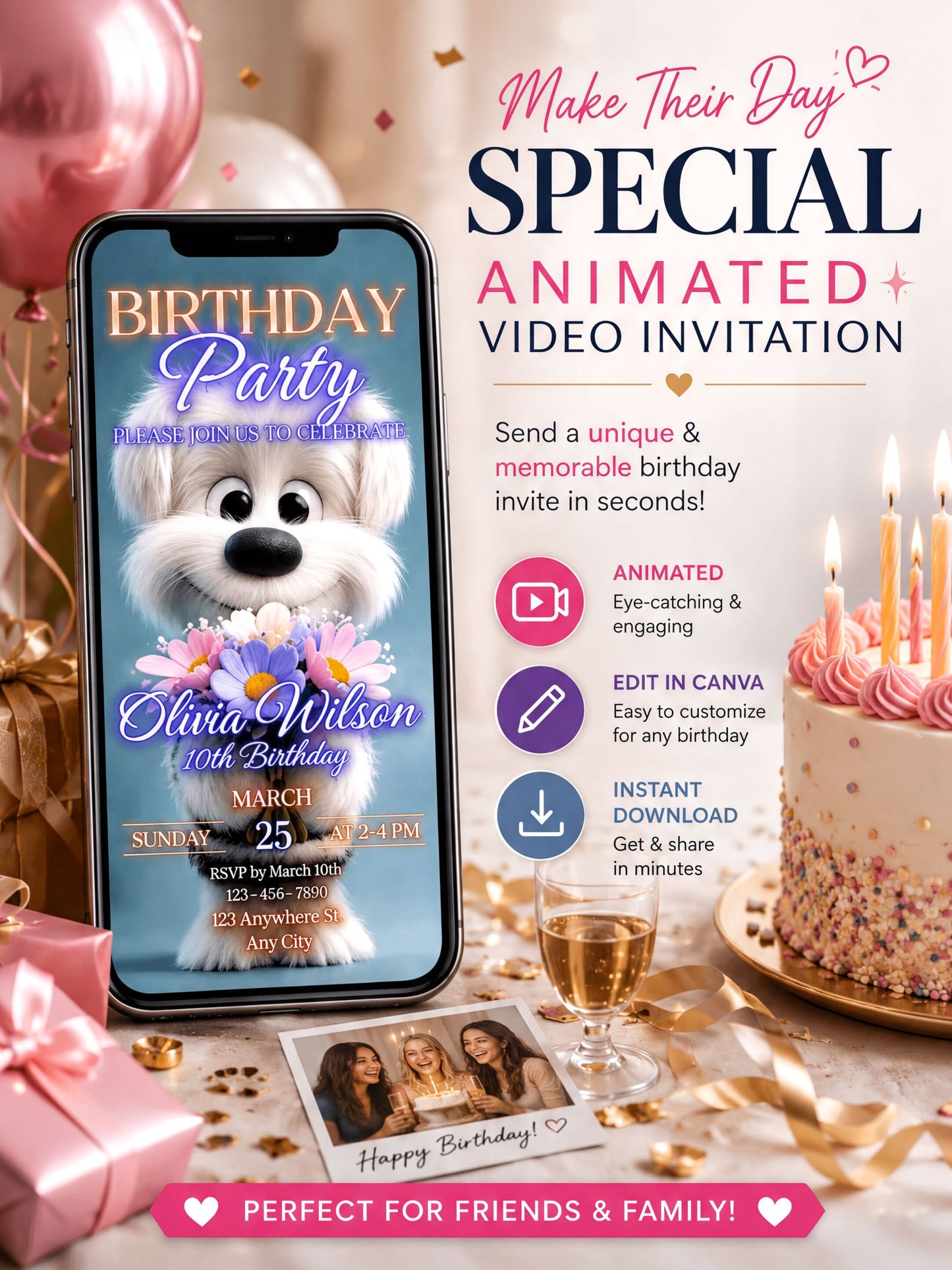 Puppy Birthday Invitation - Animated video invite for kids party, customizable fun birthday celebration.