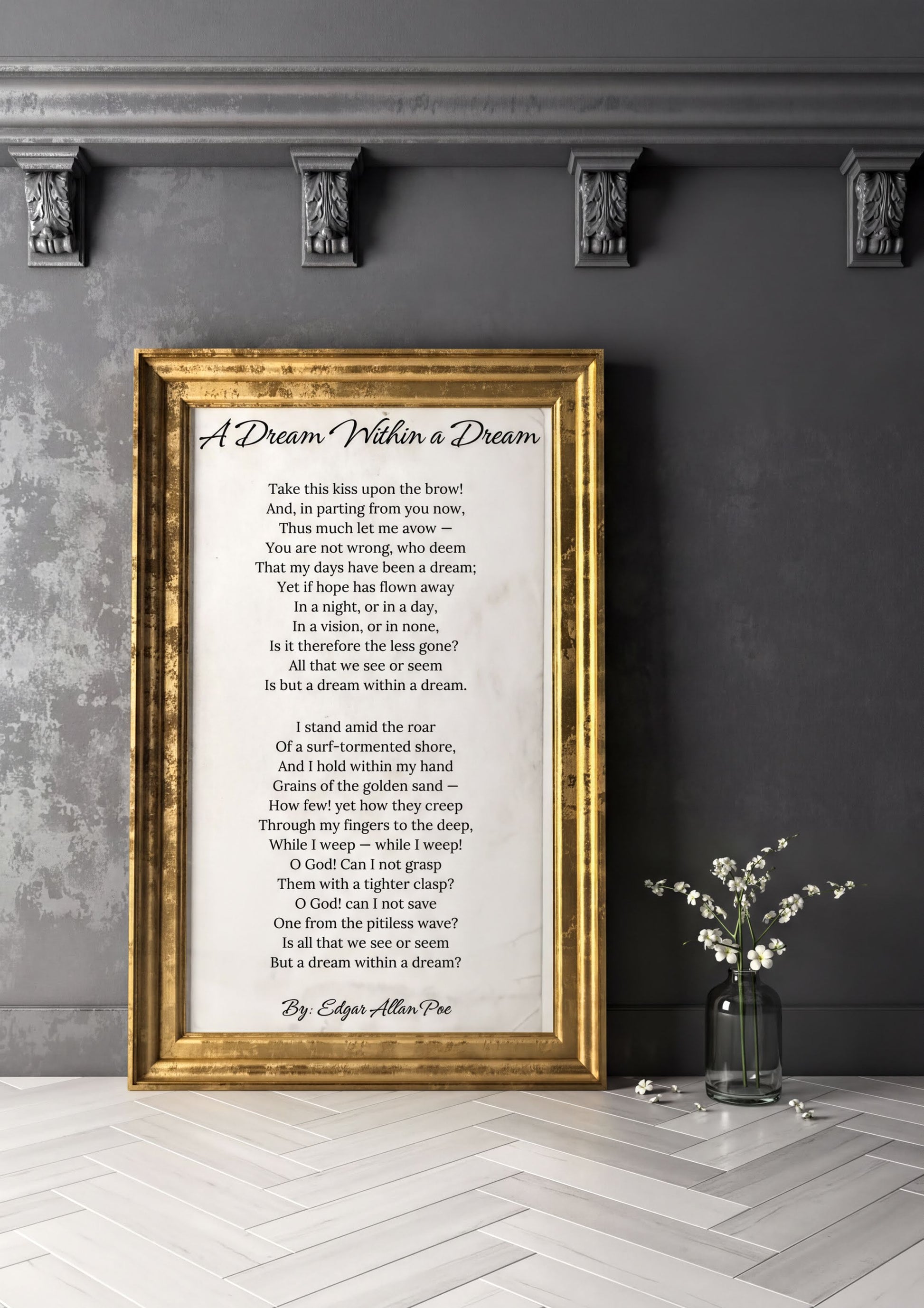 Edgar Allan Poe Print featuring the poem 'A Dream Within a Dream' in a decorative gold frame.