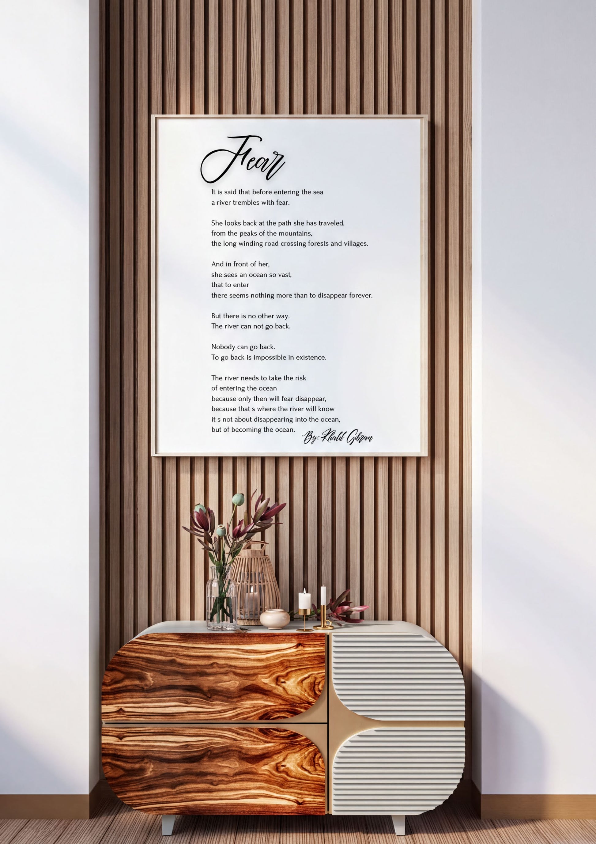 Elegant room with Fear - Khalil Gibran Poem Print framed on wall, inspiring resilience and transformation, perfect for home decor or gift.