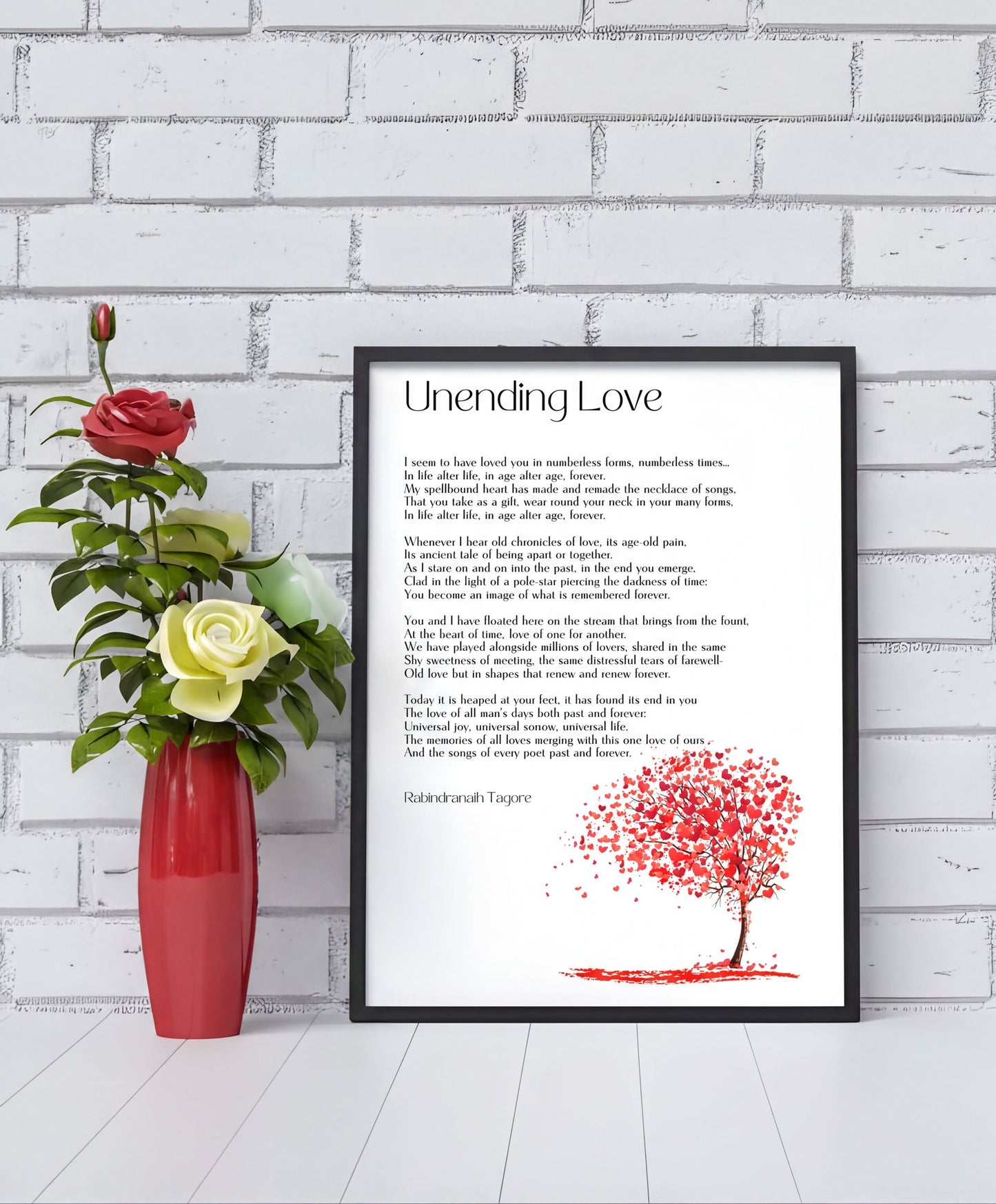 Unending Love Poem Art displayed in a frame with a flower vase, showcasing romantic digital wall art and timeless poetry.