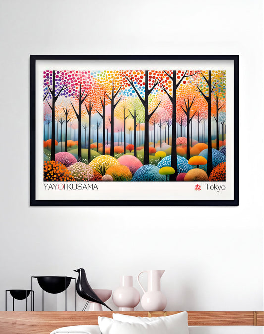 Yayoi Kusama Art – vibrant abstract print featuring colorful trees and polka dots, perfect for modern home decor.