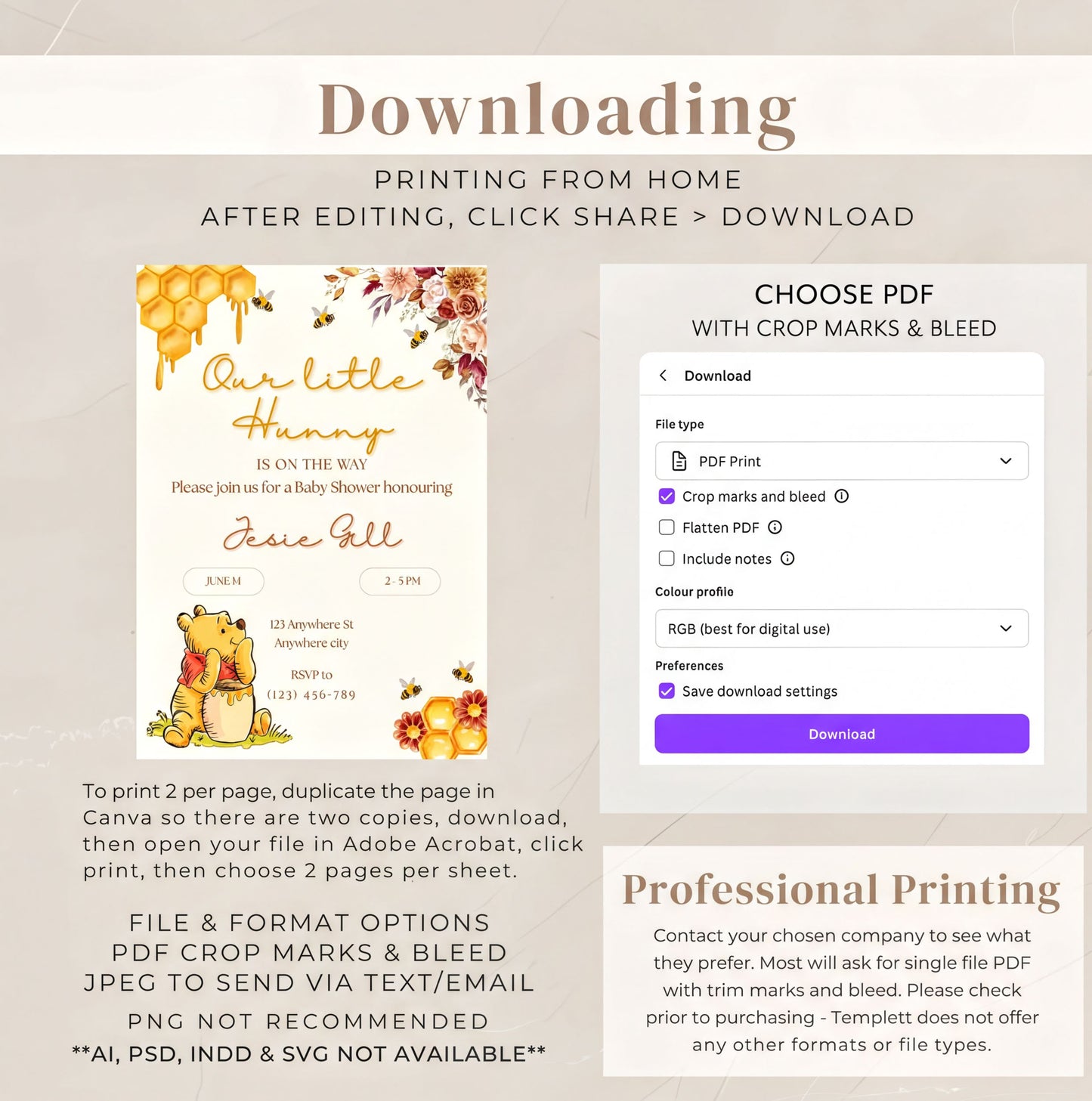 Download instructions for Winnie the Pooh Invitation - Editable Baby Shower Invite with printing details.
