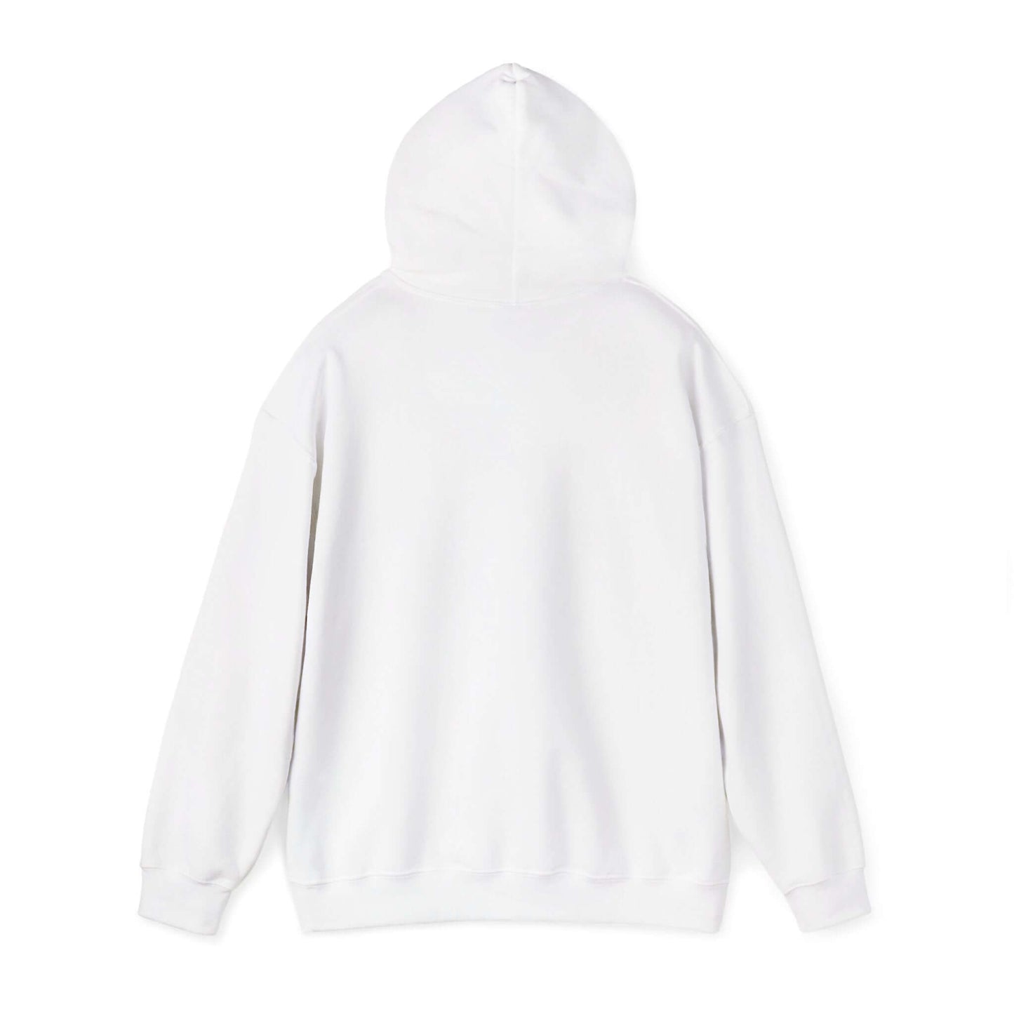 Back view of white Gildan unisex heavy blend hoodie, showing ribbed cuffs and hem.