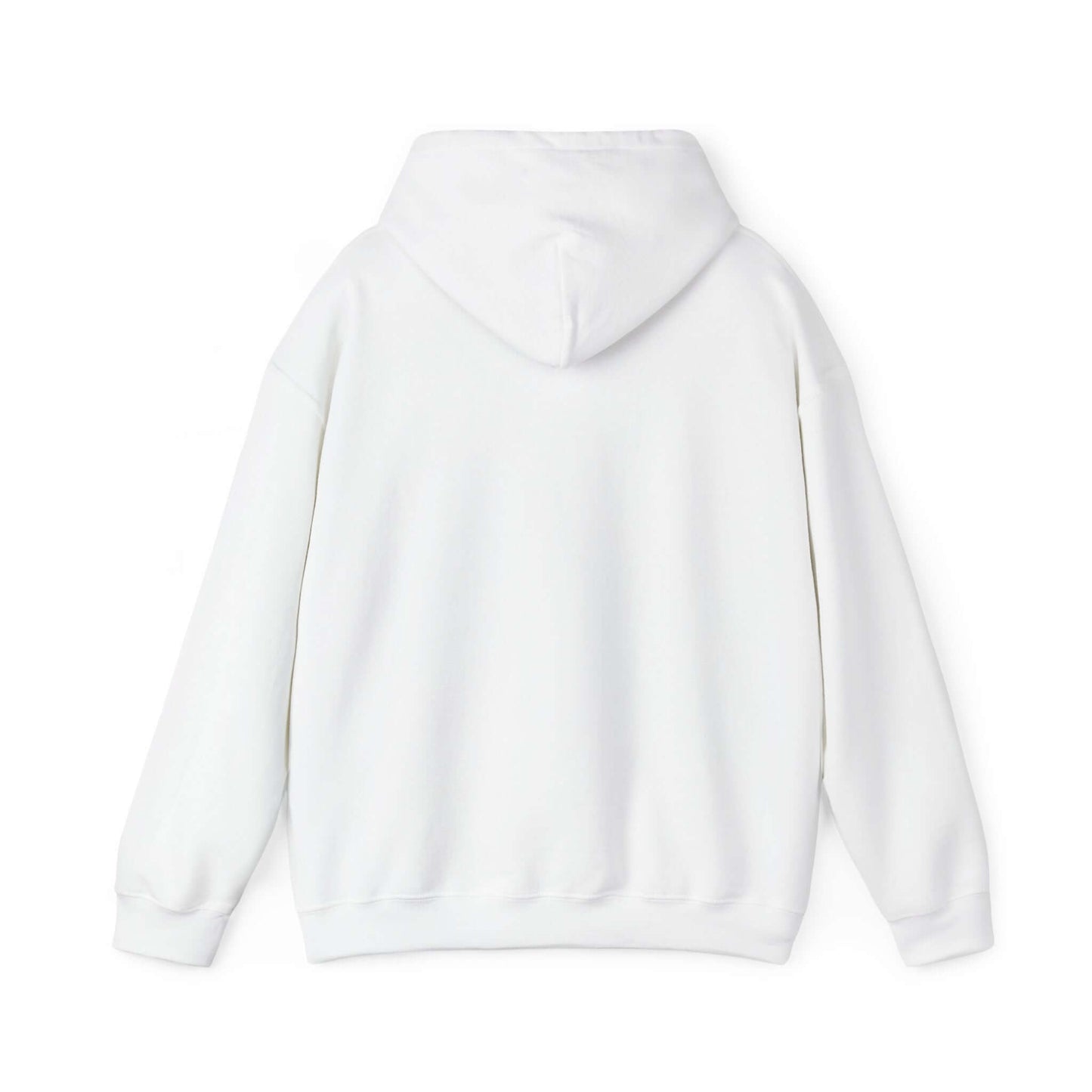 Gildan unisex heavy blend hoodie back view showcasing soft cotton-poly blend in white.