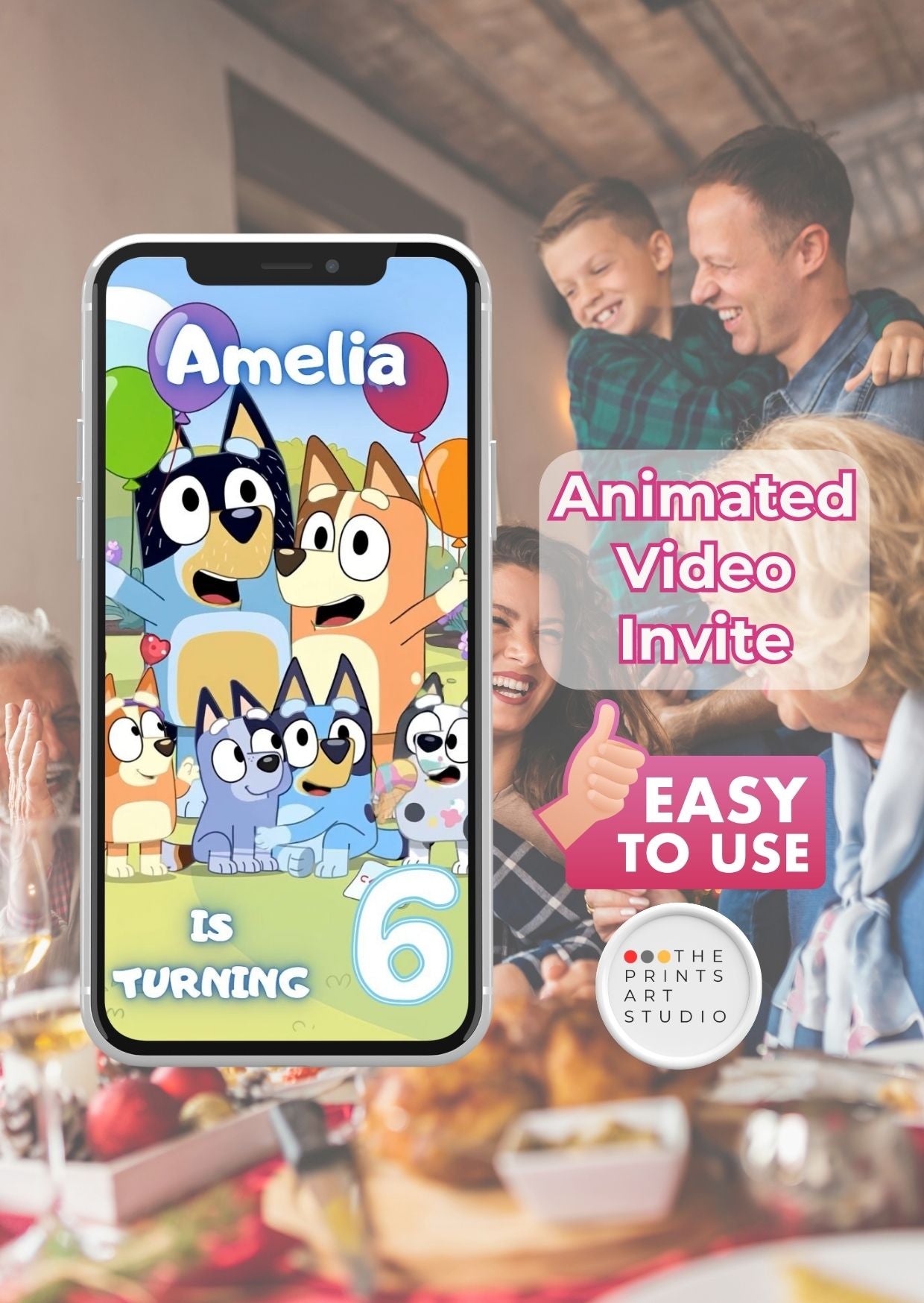 Bluey birthday video invitation animated invite on smartphone with kids celebrating birthday