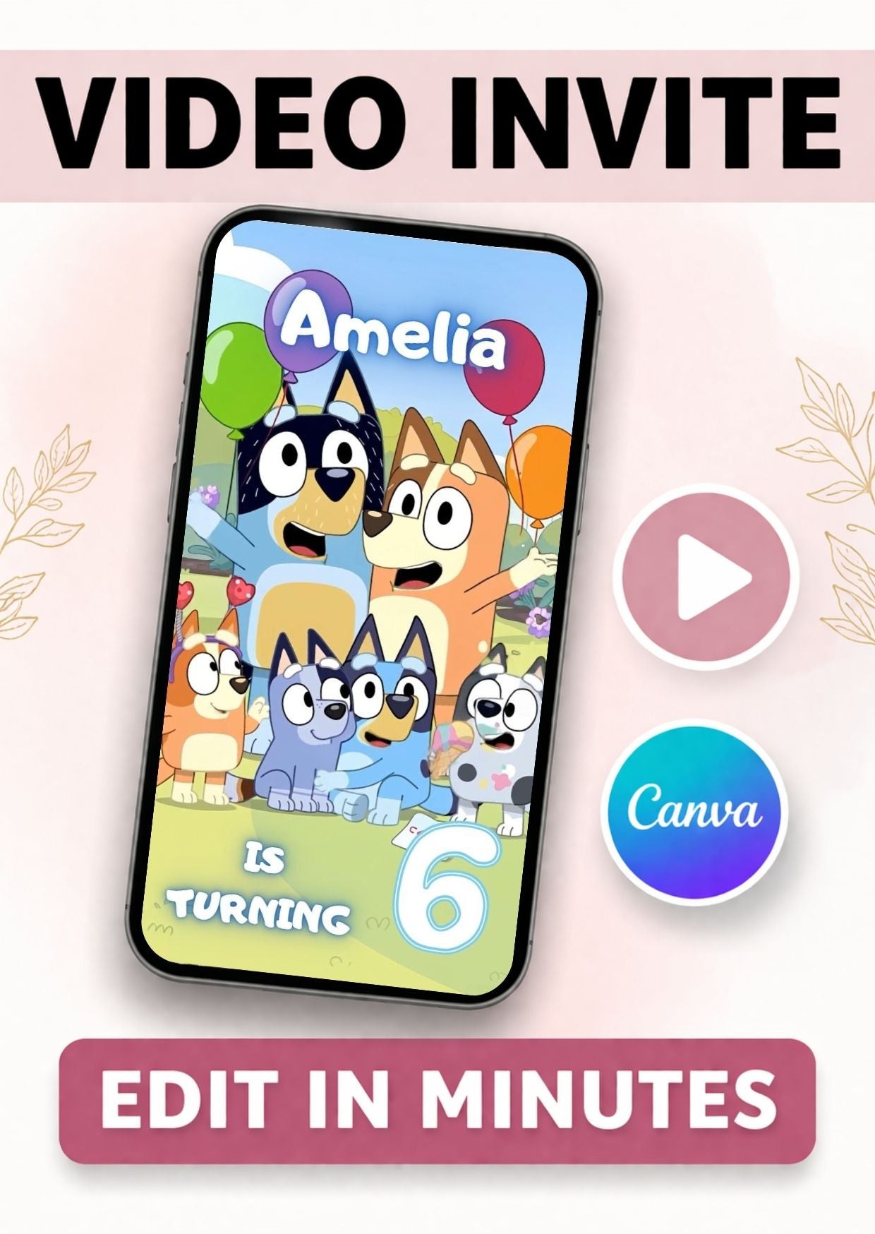Bluey birthday video invitation on a phone featuring animated characters, with a play button and editable options.