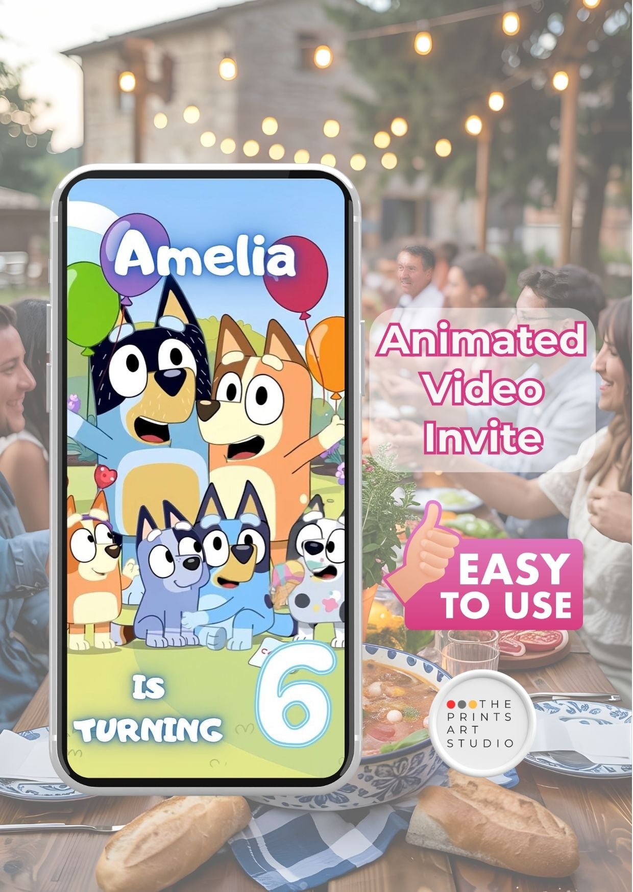 Bluey birthday video invitation featuring animated characters celebrating child's 6th birthday with colorful balloons.