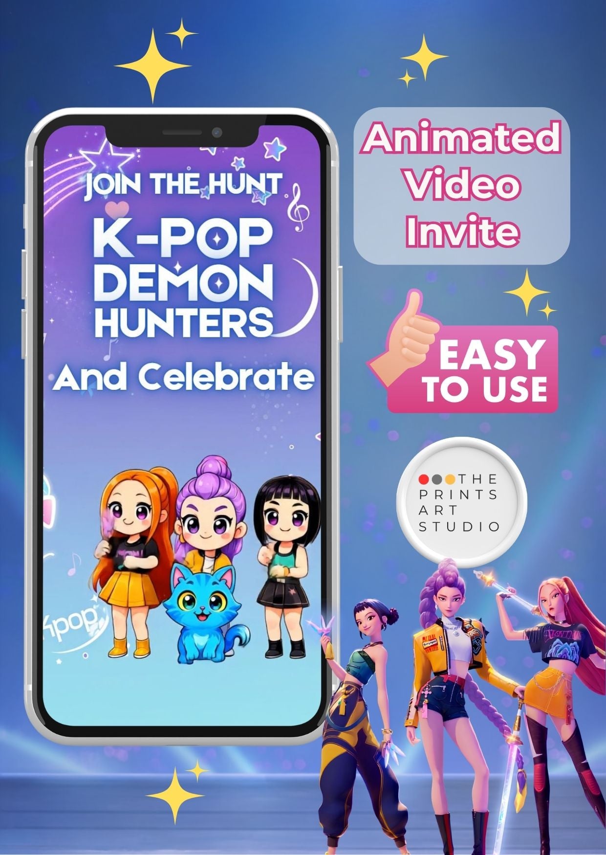 Kpop Birthday Video Invitation featuring animated characters on a smartphone, promoting an easy-to-use video invite.