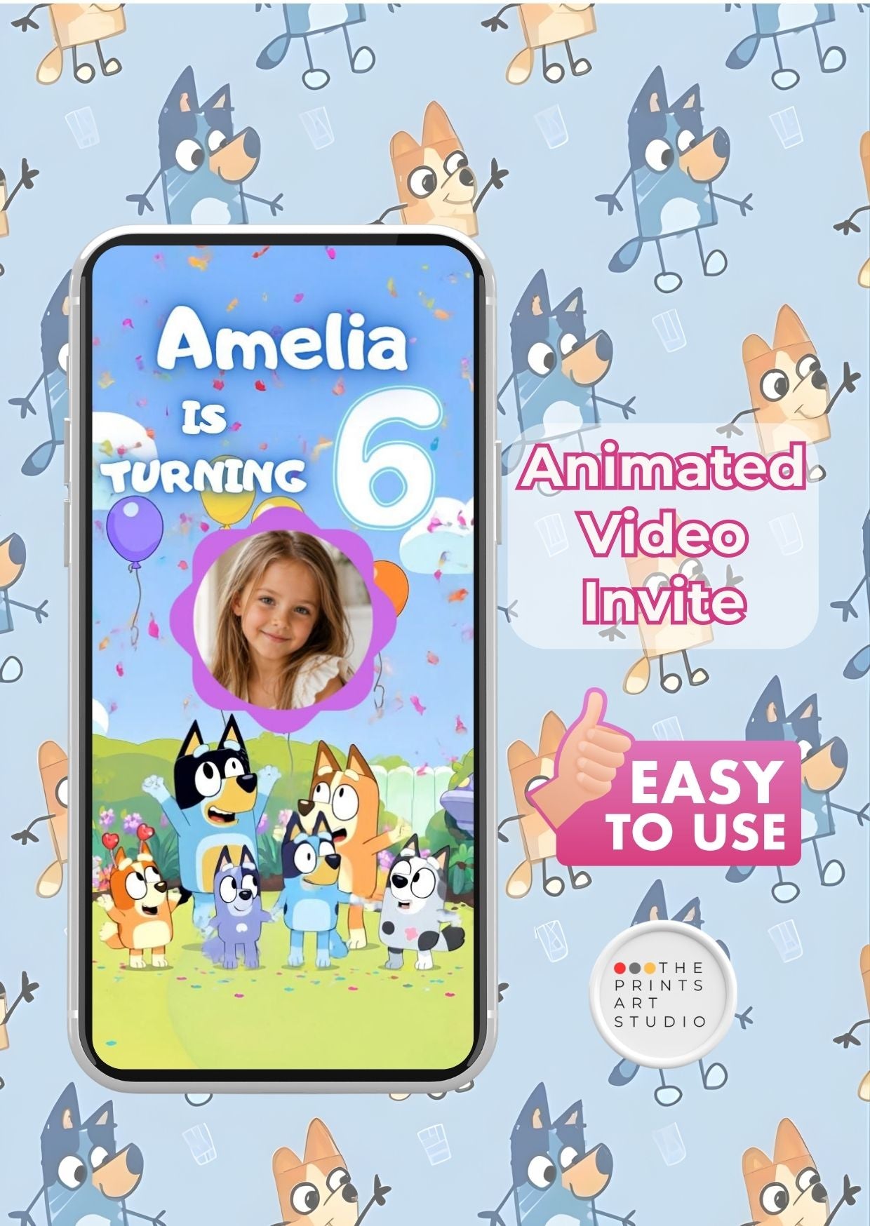 Bluey birthday video invitation featuring a personalized animated invite for Amelia's 6th birthday celebration.