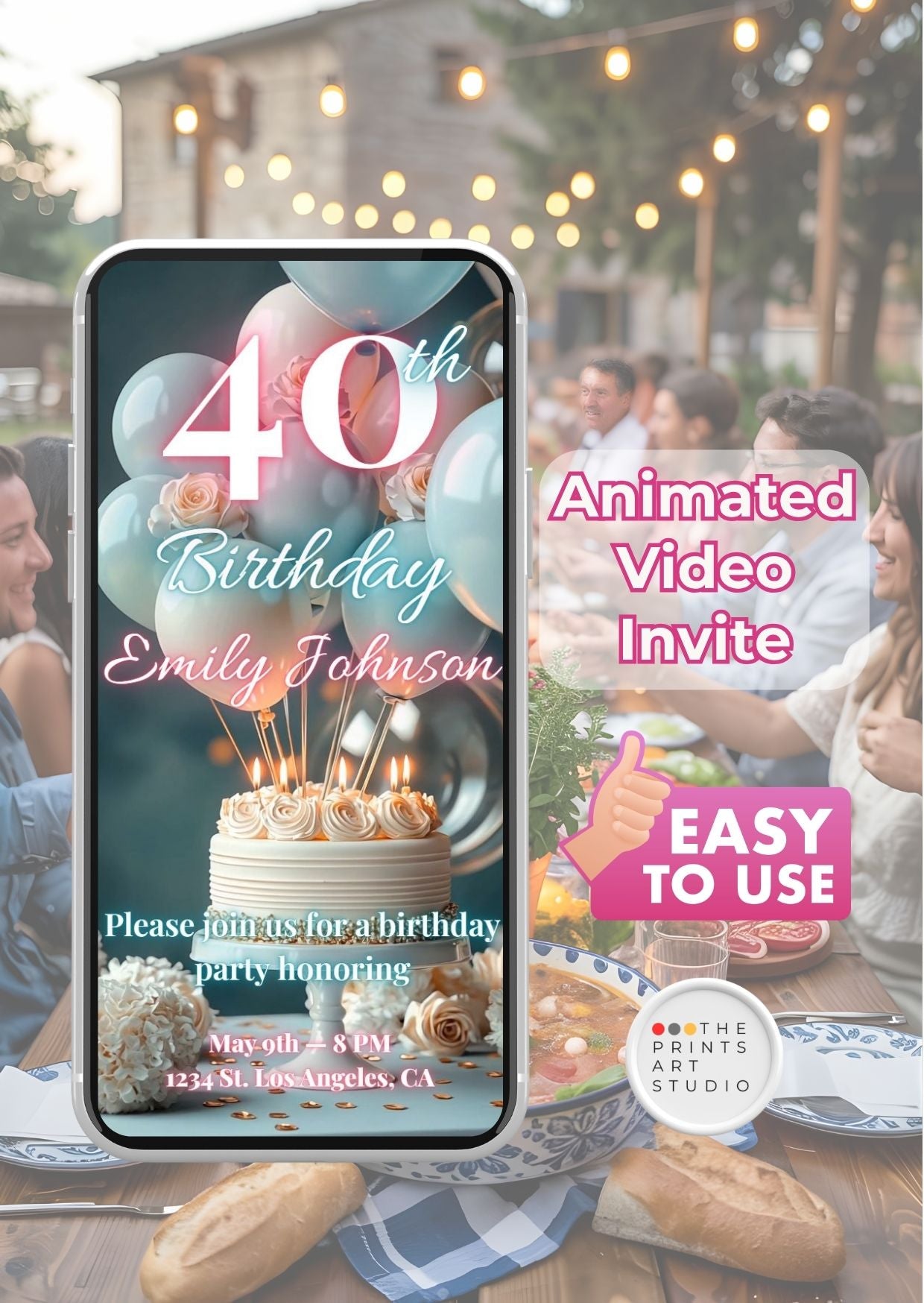 40th birthday video invitation featuring an animated invite design on a smartphone.