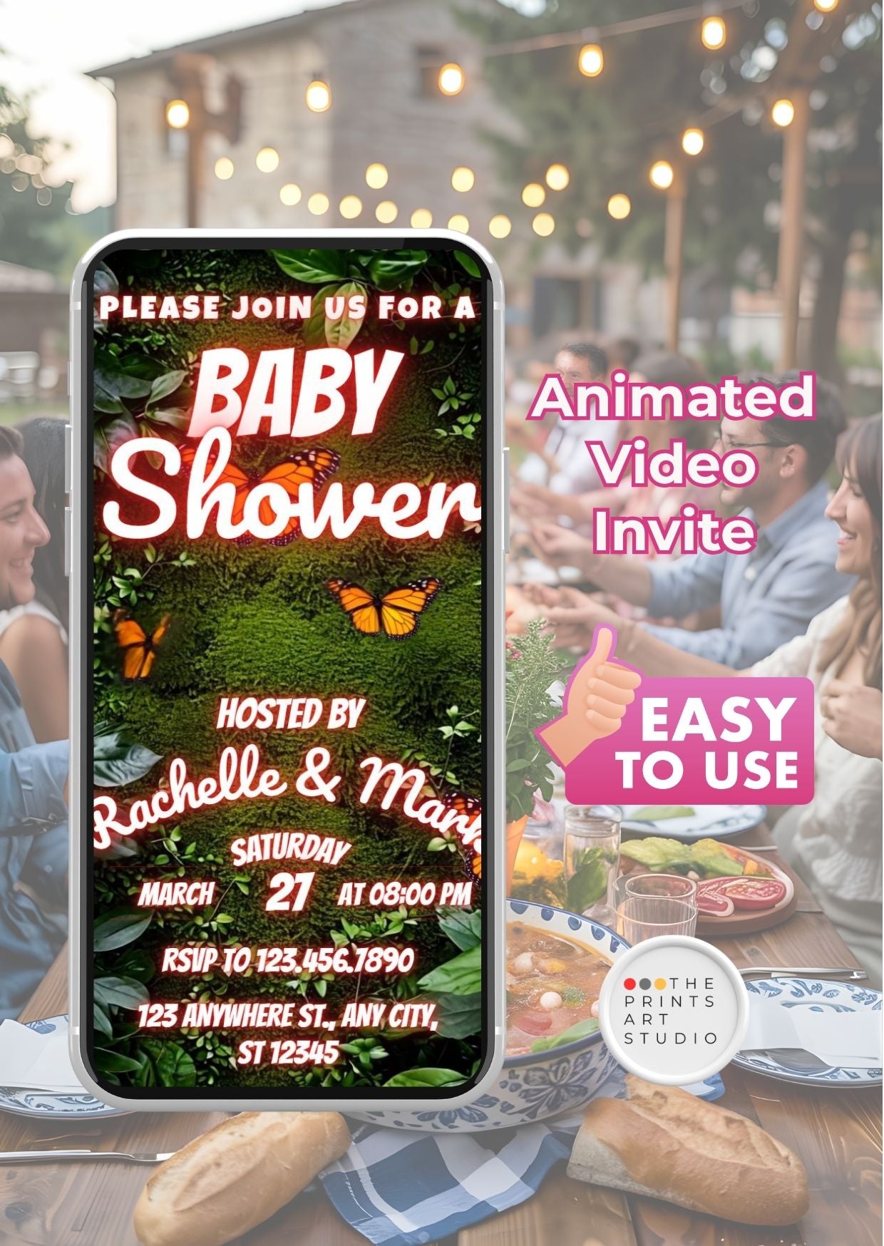 Baby Shower Video Invitation Jungle Theme with smartphone animation and easy to use features at outdoor dinner event.