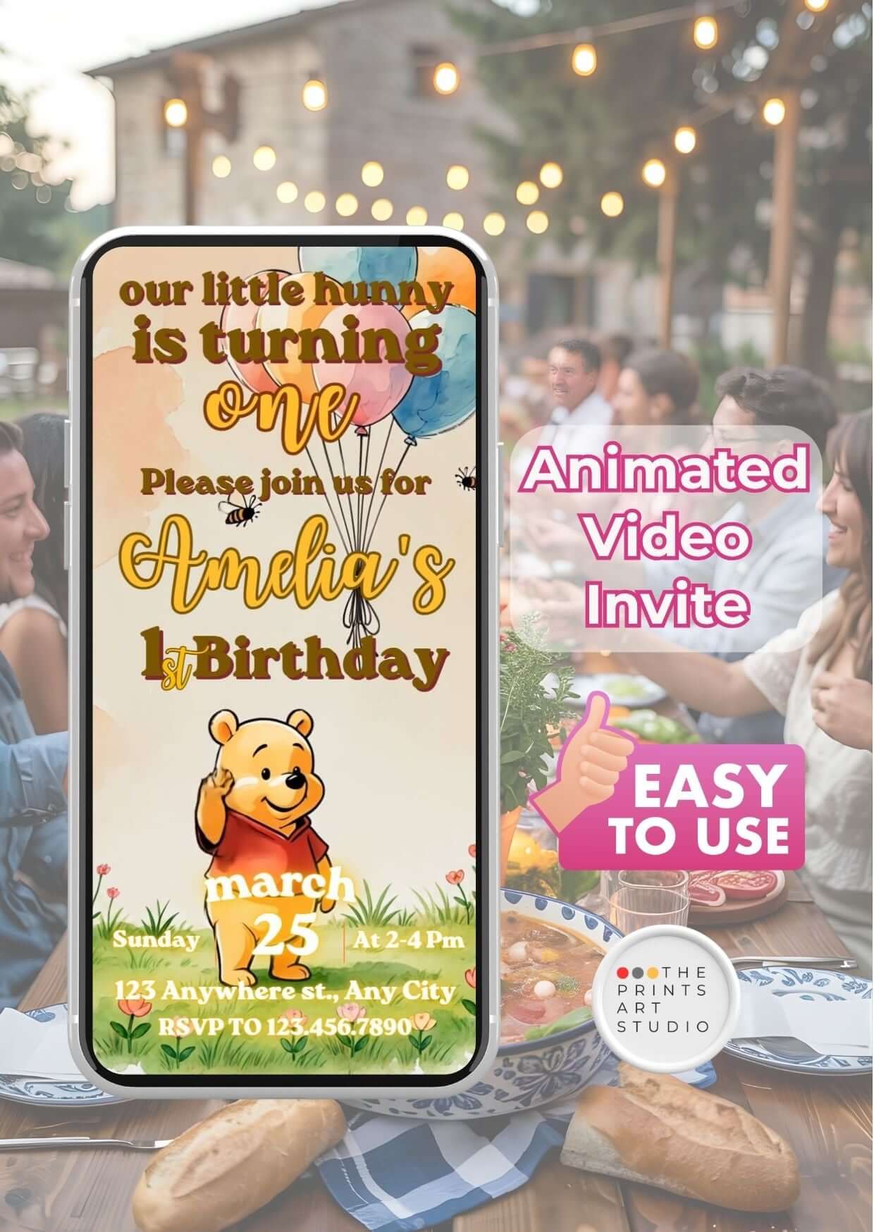 Winnie the Pooh birthday invitation video for a first birthday celebration, featuring a playful design and easy-to-use format.