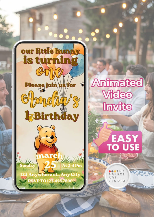 Winnie the Pooh birthday invitation video for a first birthday celebration, featuring a playful design and easy-to-use format.