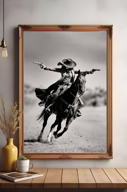 Western wall art cowboy print depicting a horse rider in action with guns, perfect for vintage wild west decor.