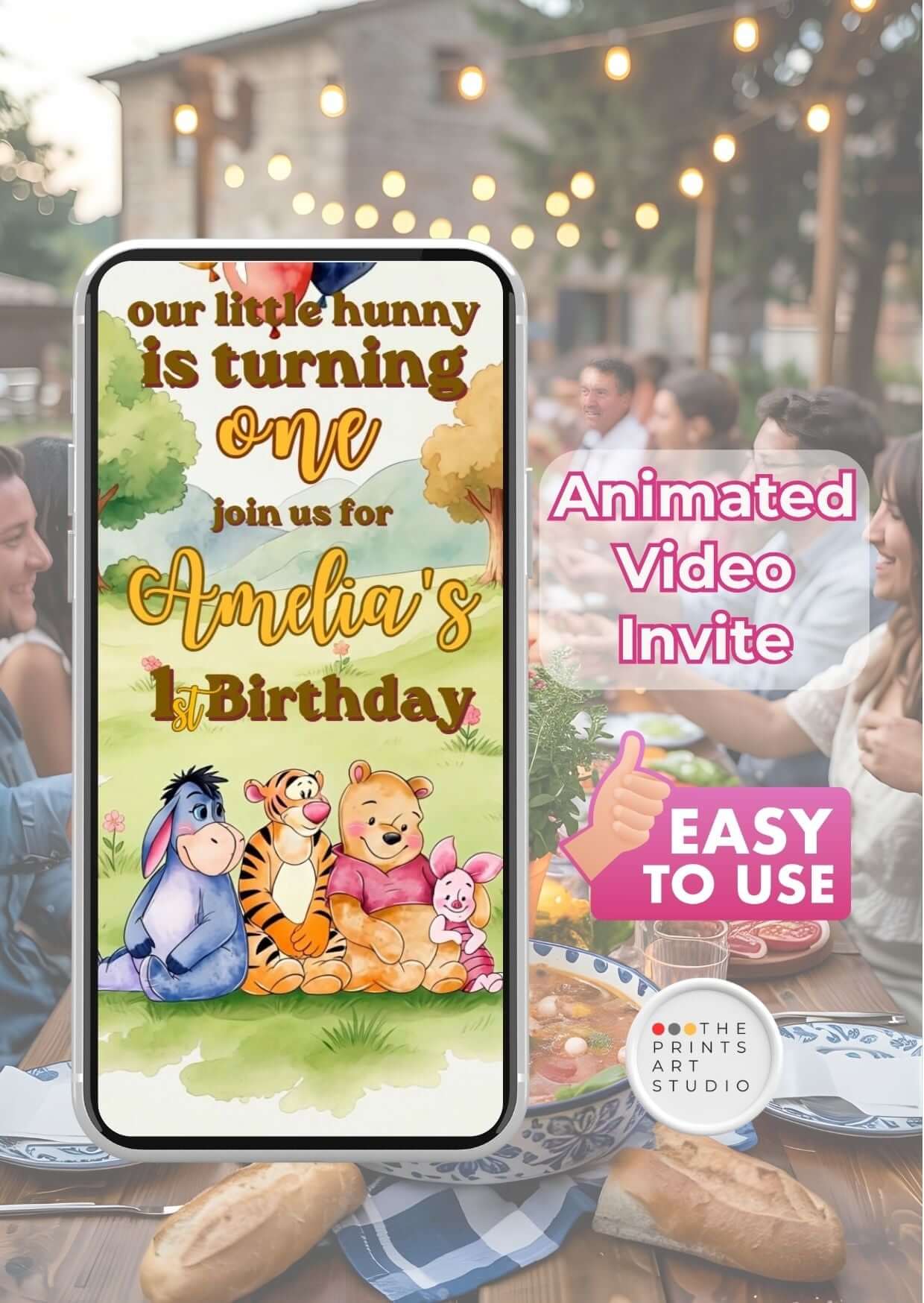 Pooh first birthday invitation video featuring whimsical characters and fun design for Amelias 1st birthday celebration.