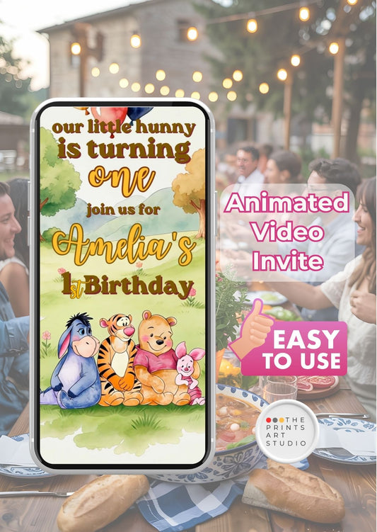 Pooh first birthday invitation video featuring whimsical characters and fun design for Amelias 1st birthday celebration.