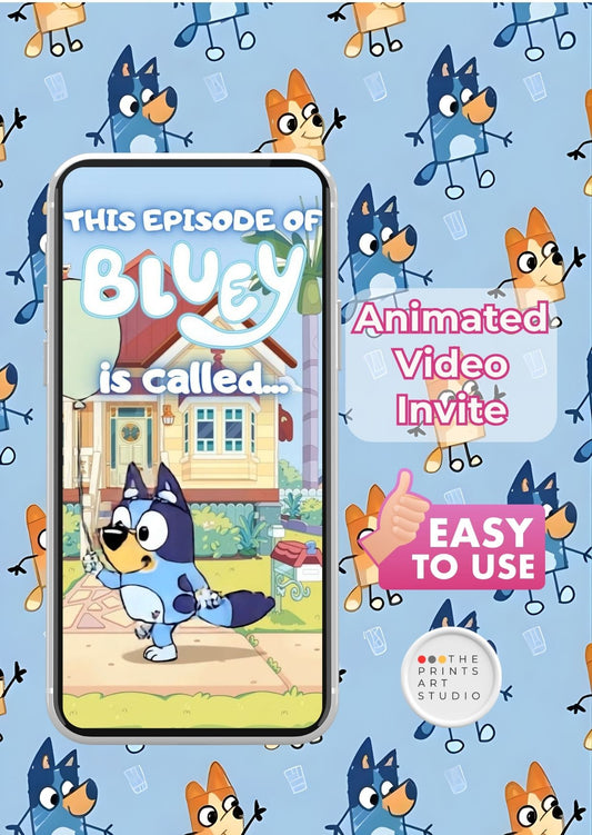 Bluey birthday invitation video featuring animated character on a phone, perfect for kids' parties.