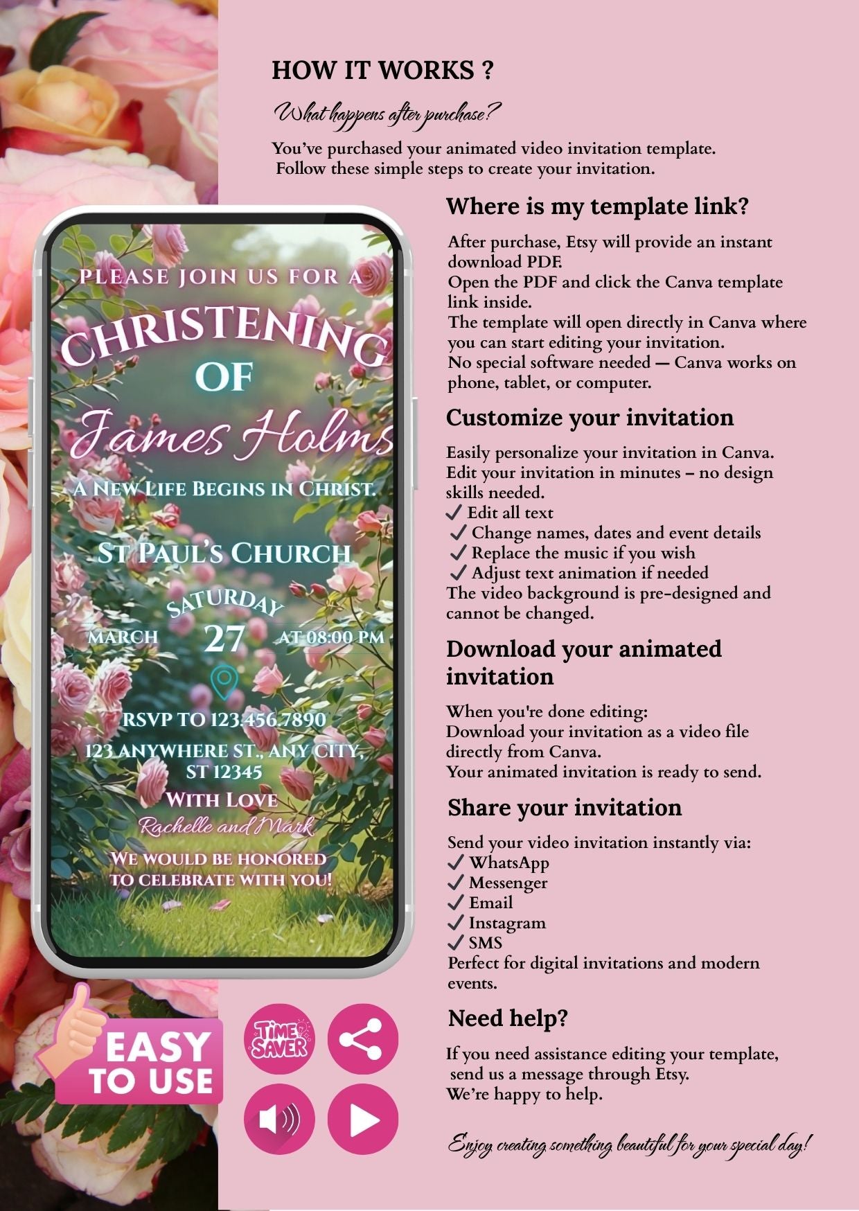 Christening Video Invitation displayed on a smartphone screen, surrounded by pink flowers, emphasizing customization and easy editing.