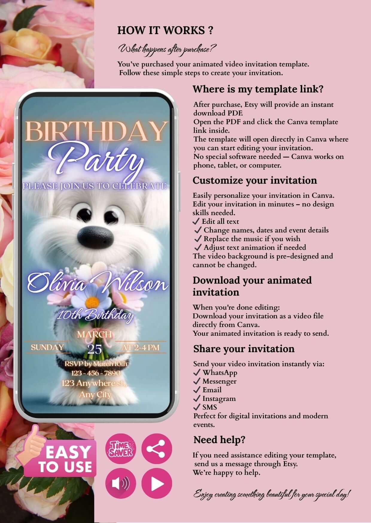 Puppy Birthday Video Invitation template with customizable details, floral background and animated design instructions.