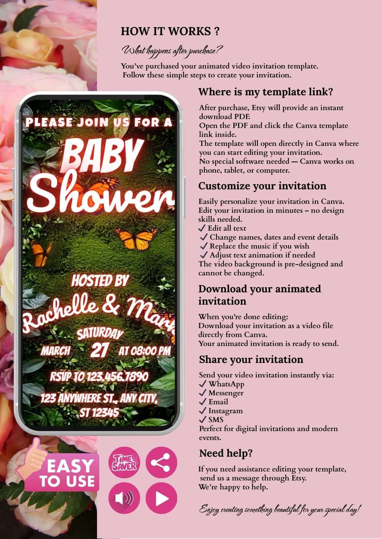 Baby Shower Video Invitation Jungle Theme on phone screen with event details and instructions on pink floral background.
