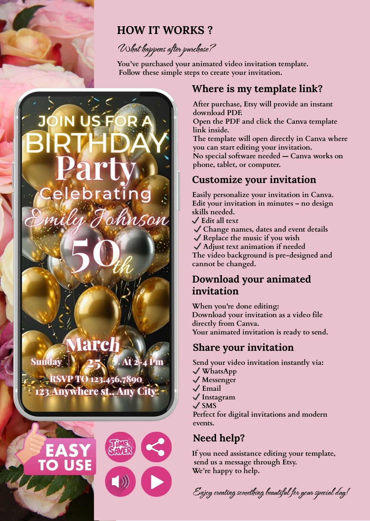 50th Birthday Video Invitation displayed on smartphone with golden balloons and text, surrounded by instructions on a floral background.