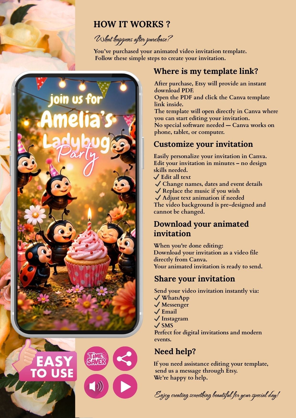 Ladybug birthday invitation template with animated video details on a smartphone surrounded by flowers.