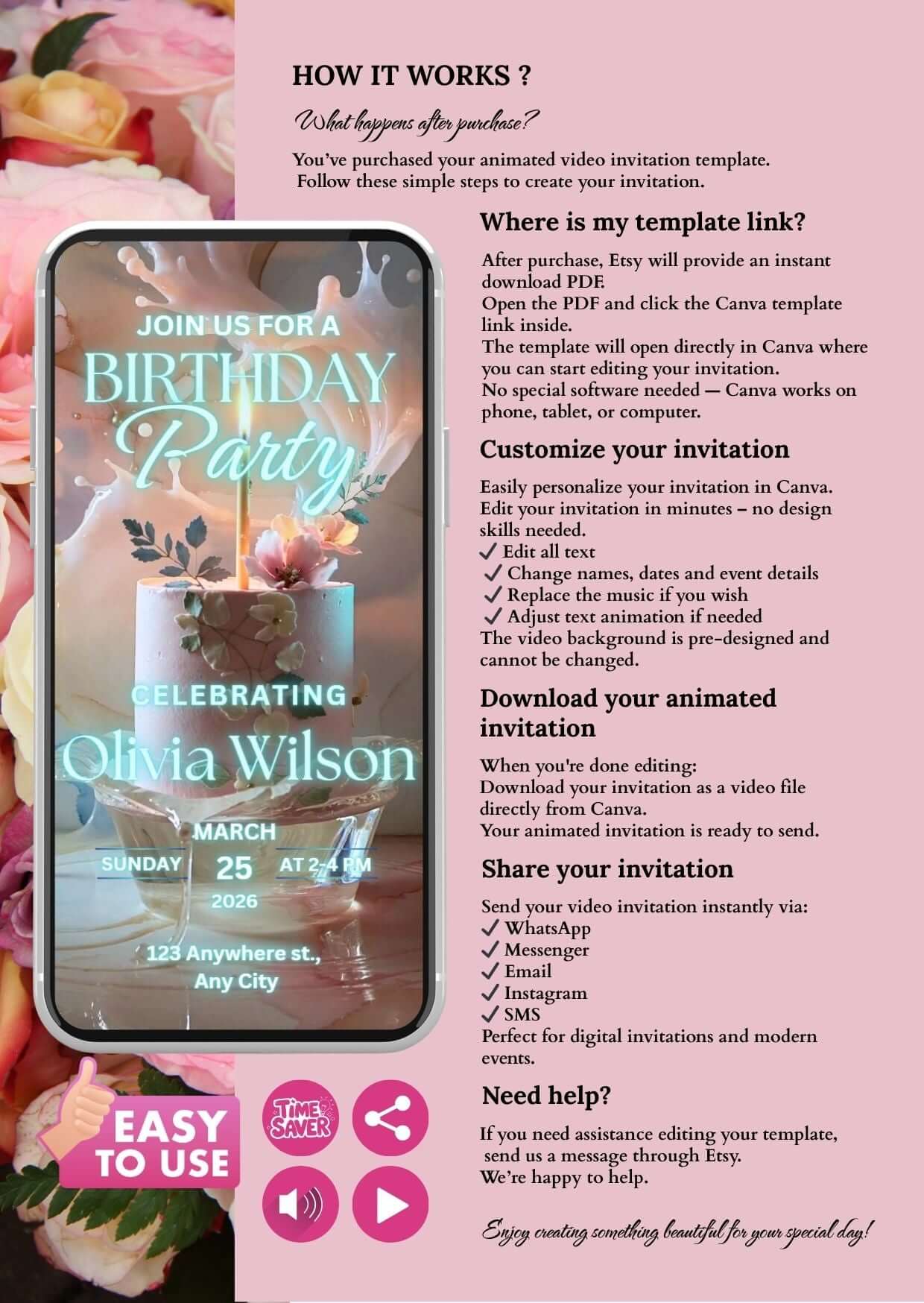 Editable birthday video invitation showcasing a phone display with cake design and floral accents for a birthday party.