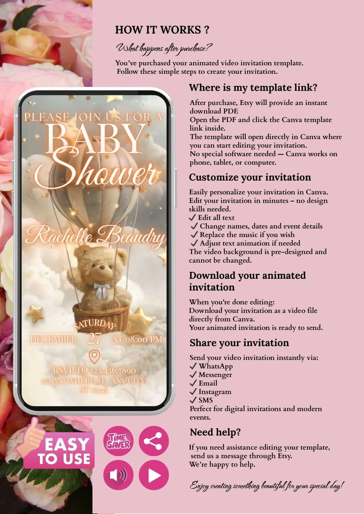 Teddy Bear Baby Shower Video Invitation template preview on a mobile device with soft clouds and stars.