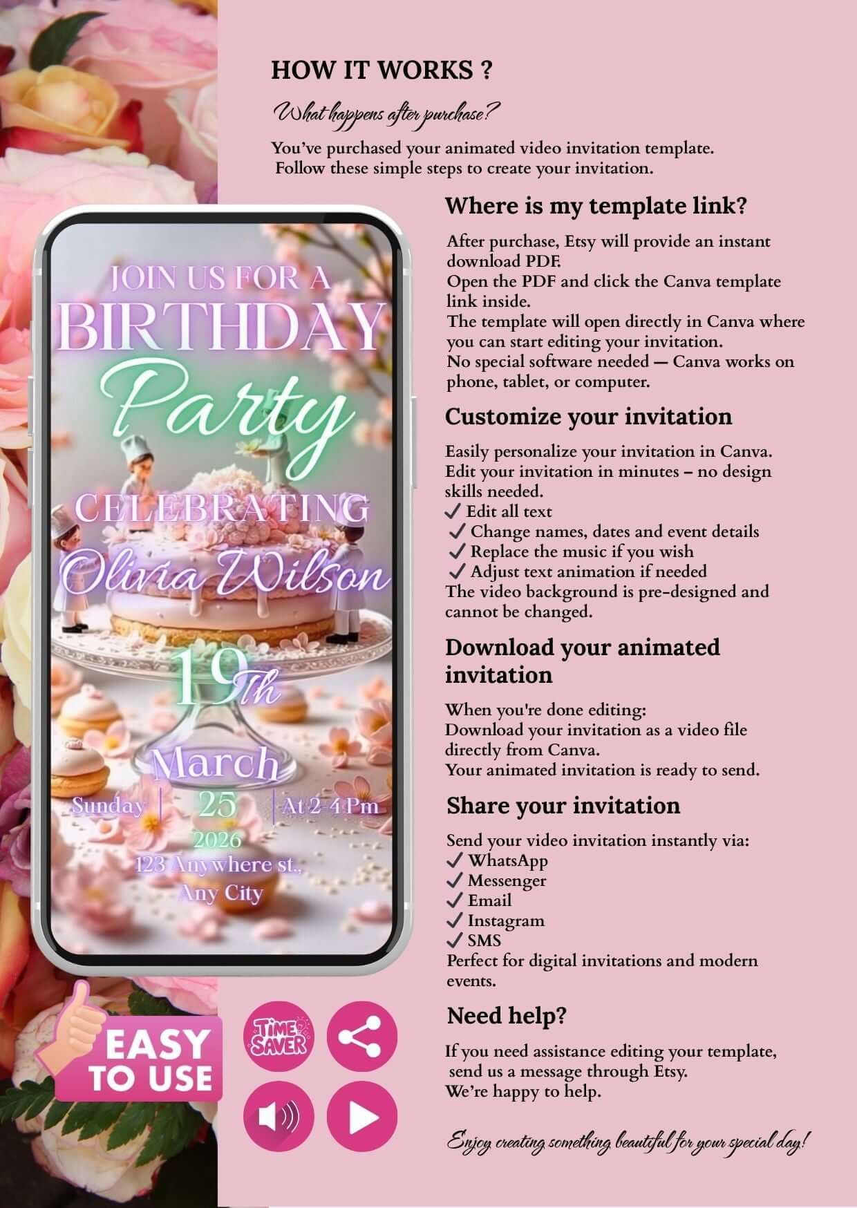 Birthday Video Invitation template featuring pastel cake and flowers for a joyful celebration.